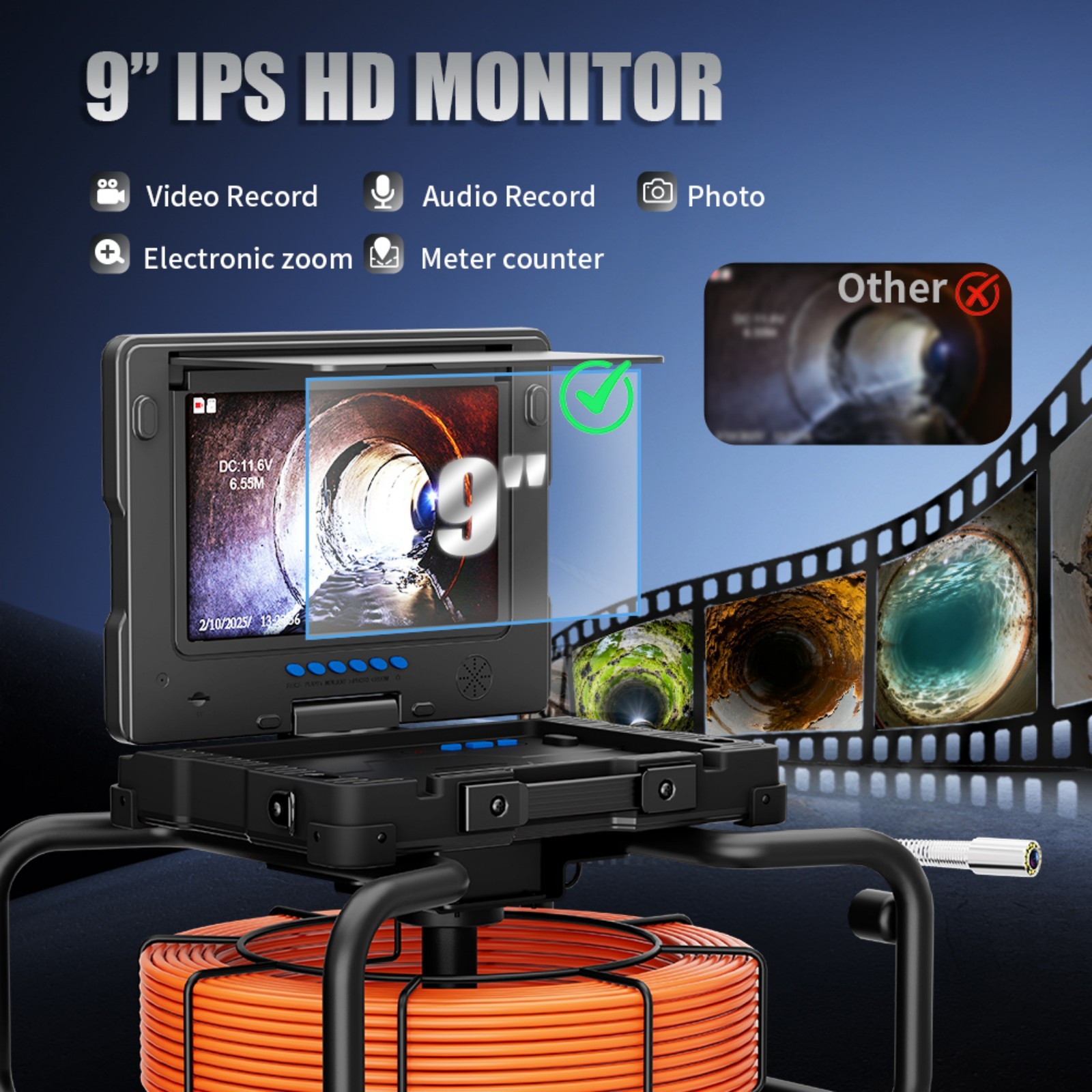 9" IPS DVR Pipe Inspection Camera 7mm Diameter IP68 Pipeline Video Endoscope