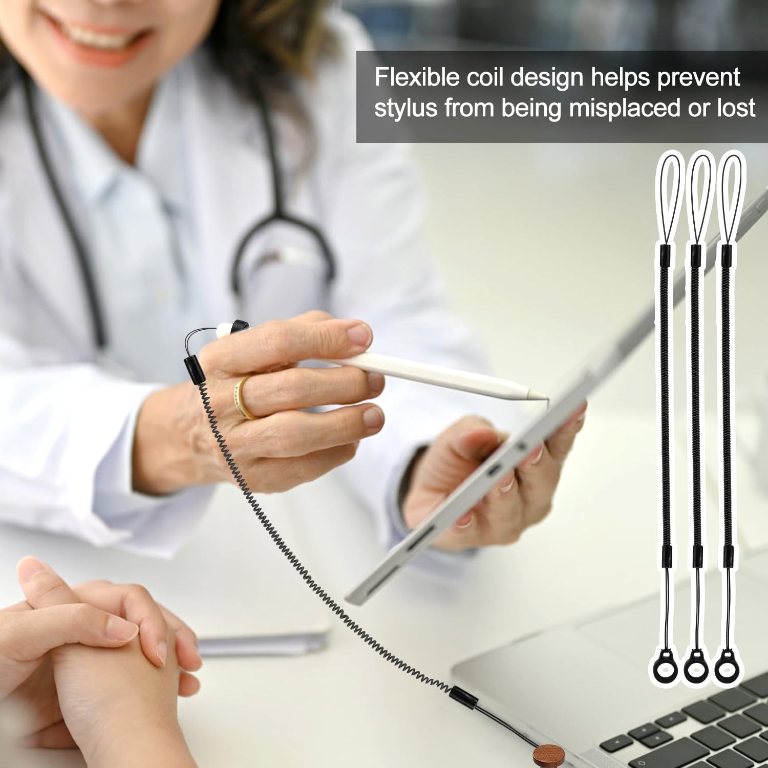 5pcs Elastic Lanyard Tether, Silicone Pen Leash Retractable Black