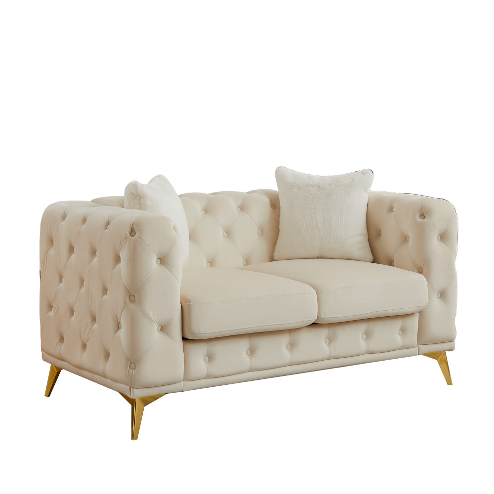 Modern Velvet Chesterfield Sofa w/ Quilted Button Accents & 2 Pillows