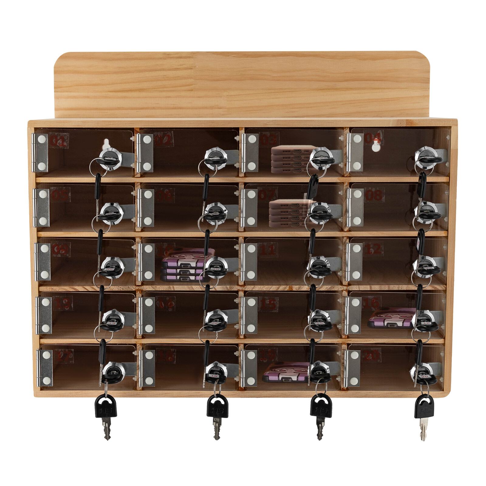 20 Slots Cell Phone Locker Box Wood Cell Phone Storage Cabinet With Keys/Locks