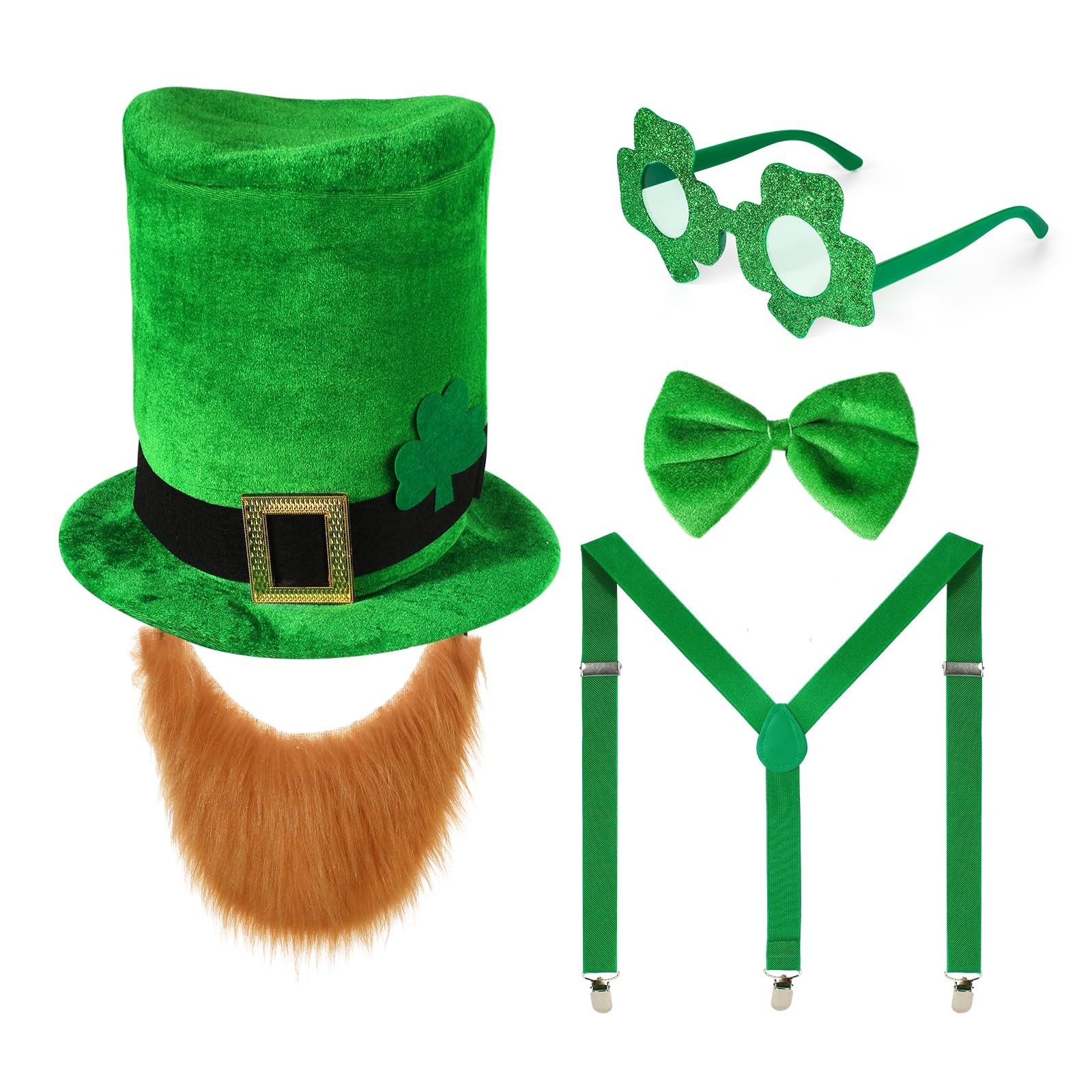 Men‘s Leprechaun Costume with Leprechaun Hat Beard Bow Suspender, Shamrock