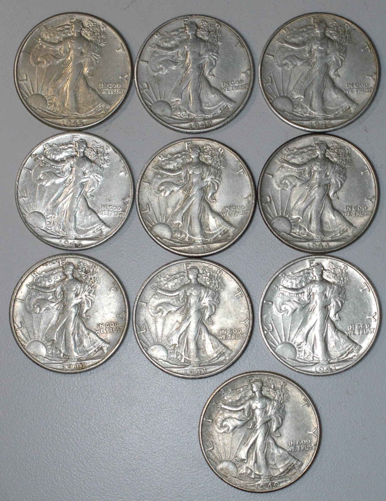 10 Different 90% Silver Walking Liberty Half Dollar Coins P D S Free Shipping