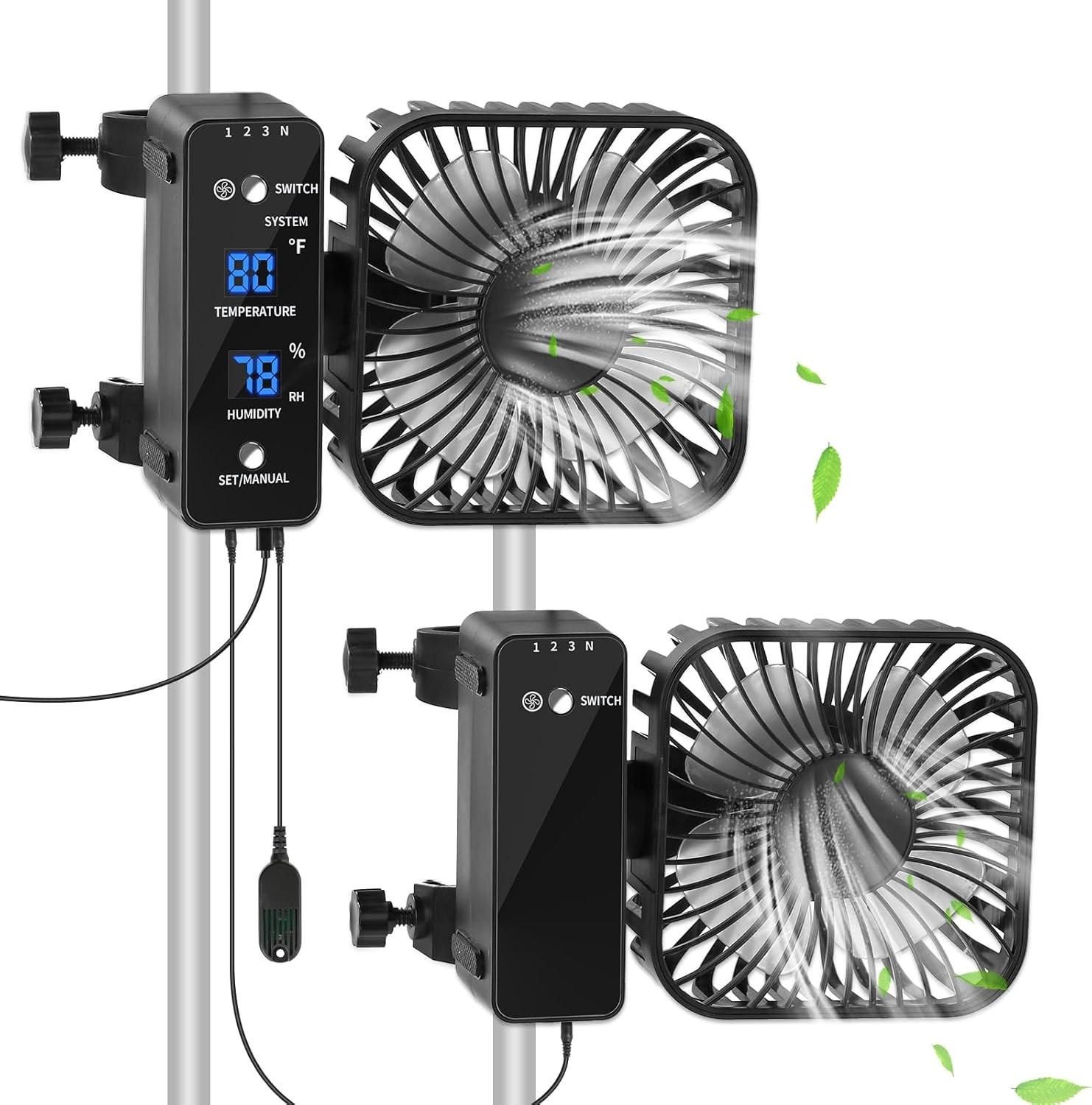 2-Pack 4” Grow Tent Fan With Temperature And Humidity Meter,Automatic Black