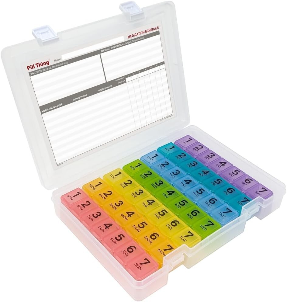 7 Times a Day Weekly Pill Box Organizer Case, Secure 7X Pillbox w/Medication Map