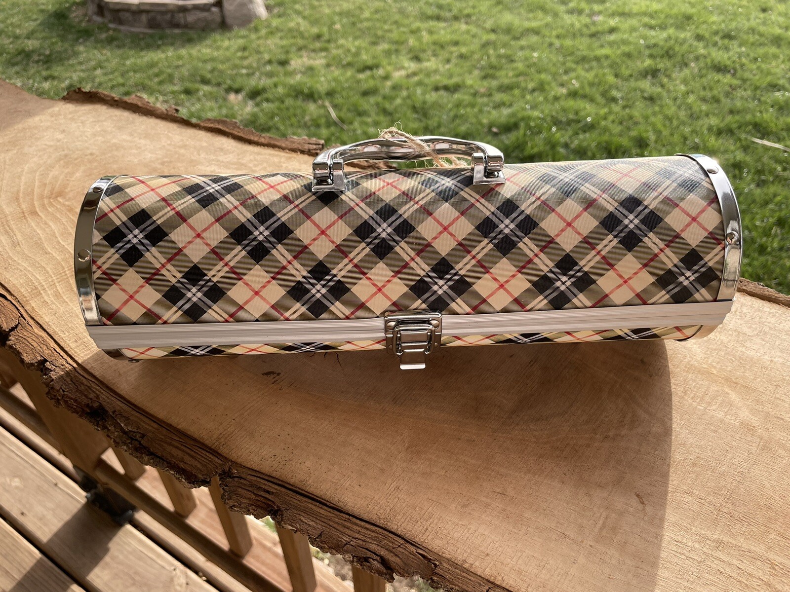 Primeware Inc Plaid Wine Tote/Case Cylinder Or Purse 13”x4” Outdoors Picnic