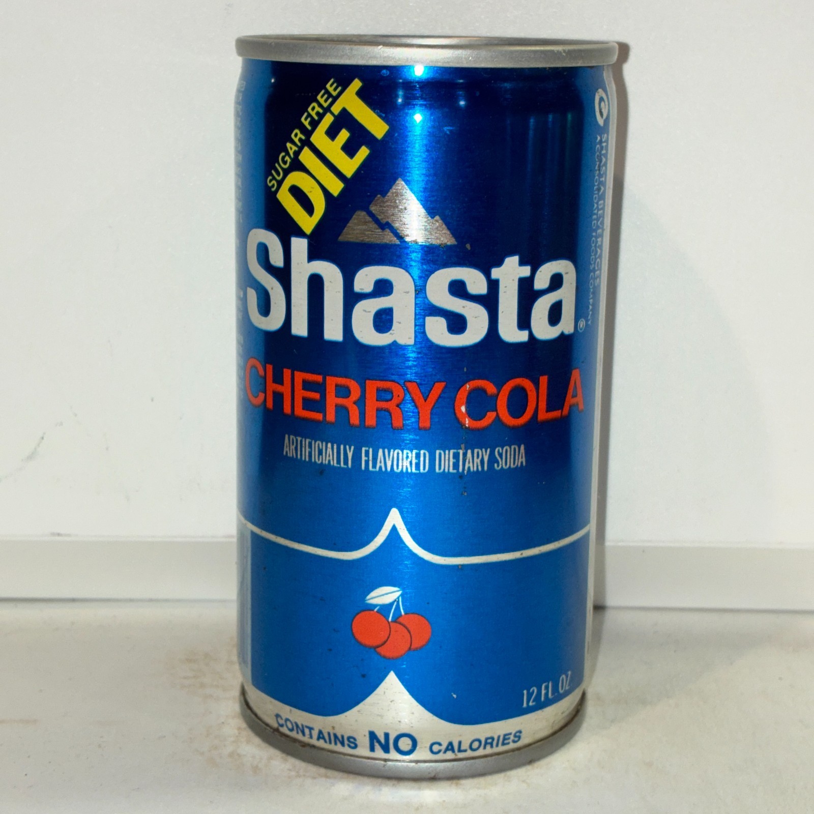 Shasta Diet Cherry Cola Soda can, crimped steel, bottom opened