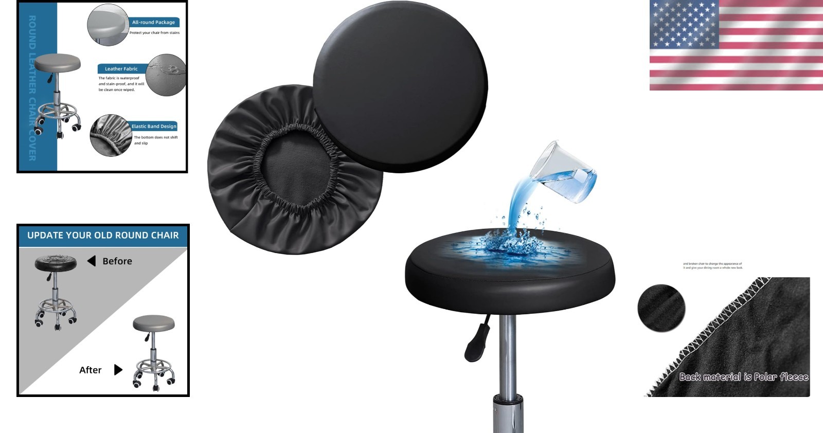 Elastic Round Stool Covers 2 Pack Black Waterproof PU Leather Slipcovers