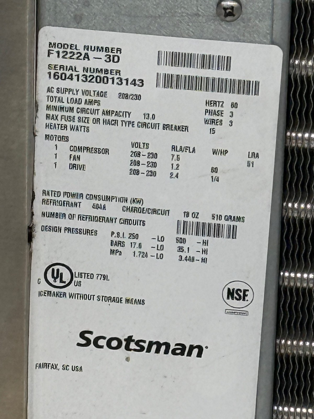 SCOTSMAN F1222A-3D 22" AIR COOLED FLAKE ICE MACHINE