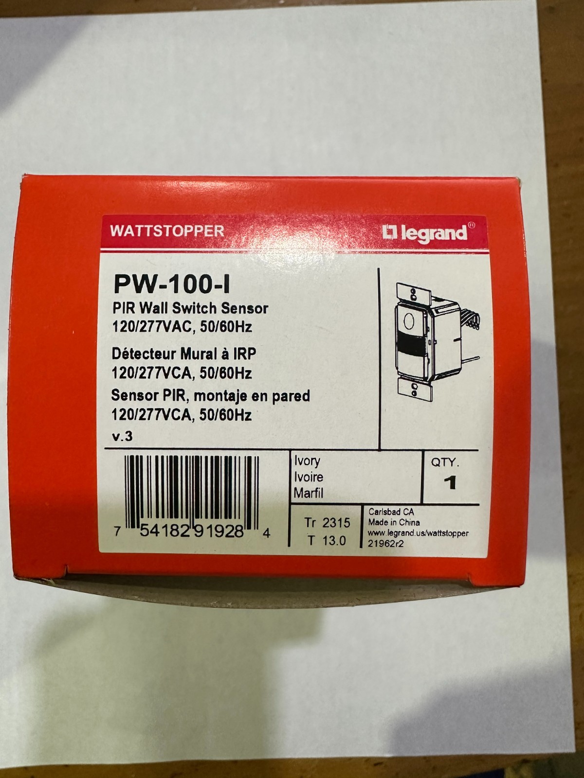 NEW LEGRAND WATTSTOPPER PW-100-I PIR WALL SWITCH SENSOR IVORY 120/277VAC