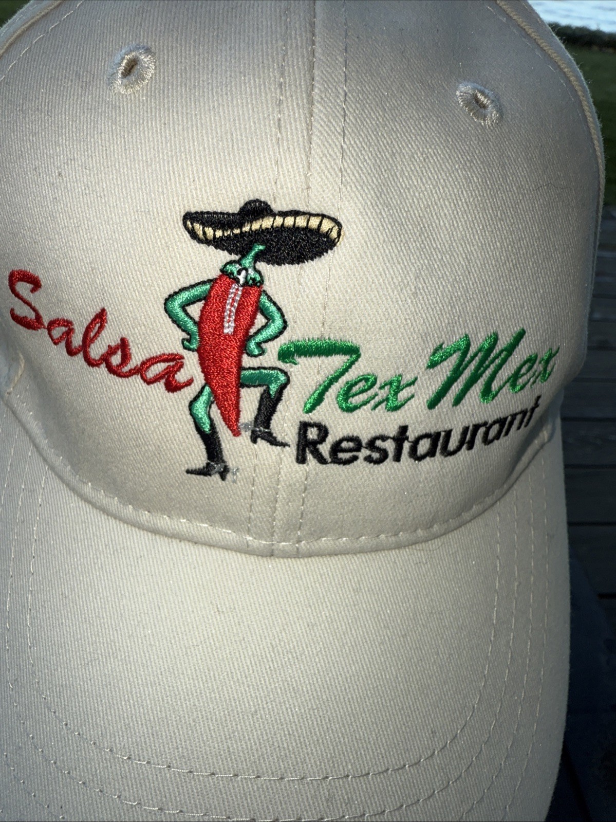 Salsa Tex Mex Restaurant w Dancing Red Pepper on Lite Tan Hat Cap Hook Loop EUC