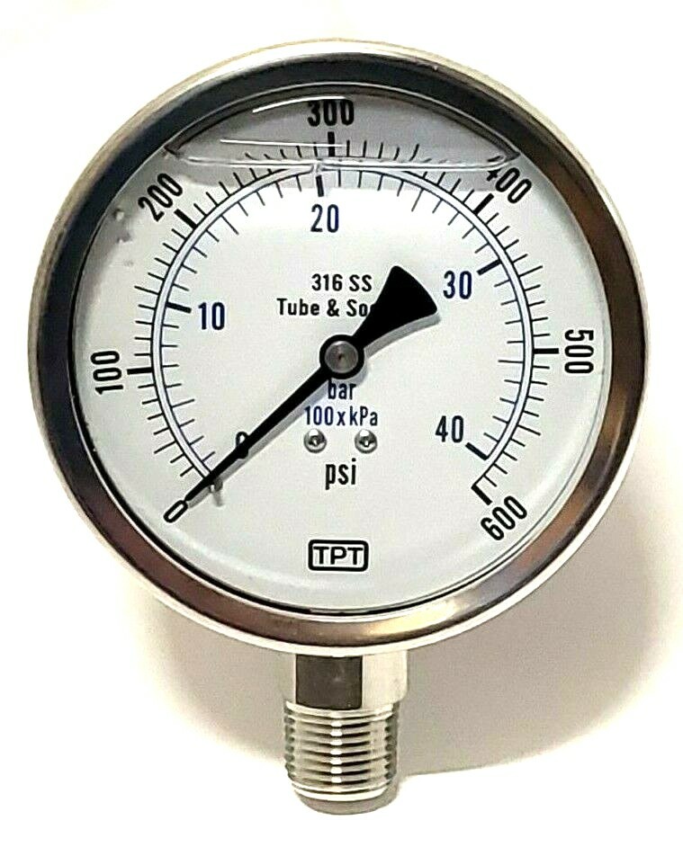 Gauge 4" Face S/S Case 0-600 PSI/KPA/BAR 1/2" NPT S/S Lower Filled 991ER20