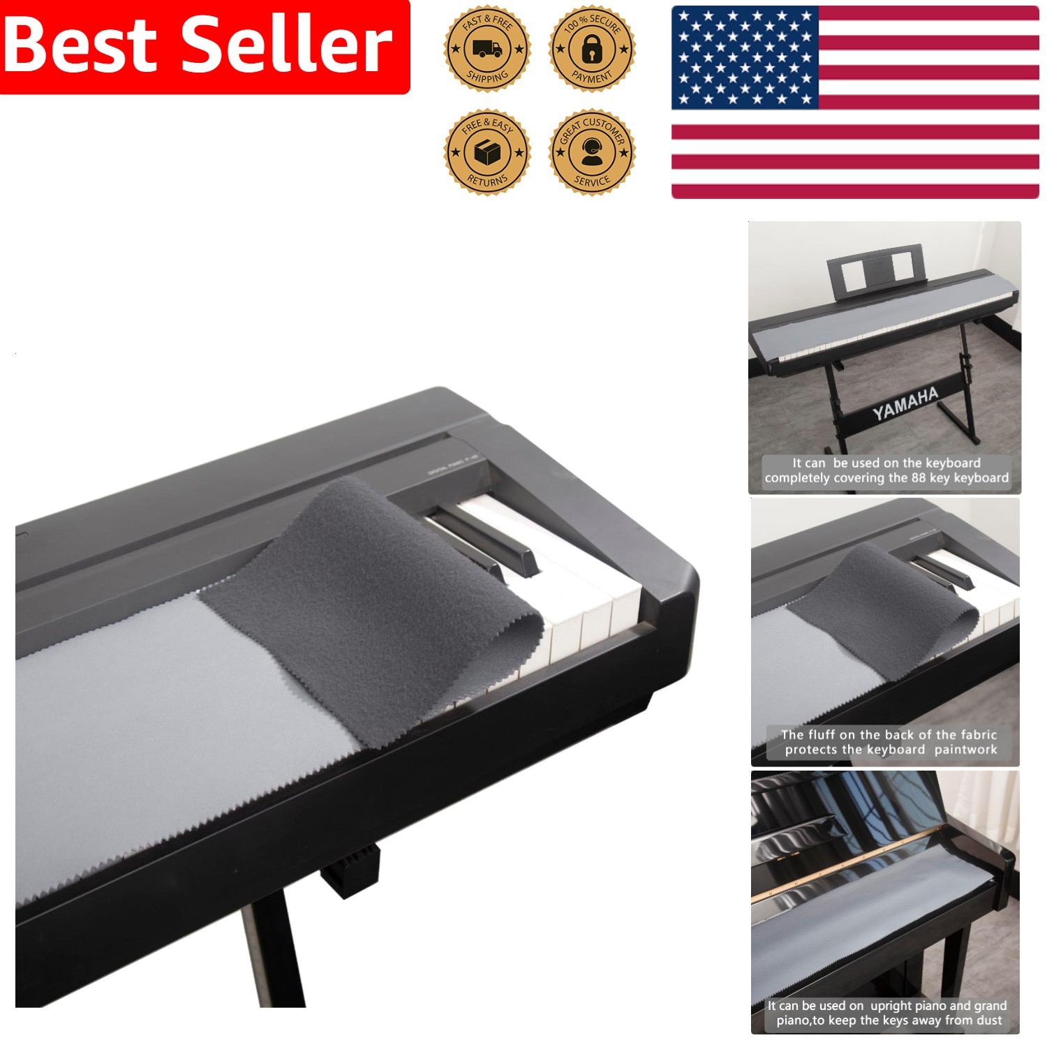 Piano Keyboard Dust Cover  Fabric Gray Universal Protective Instrument Shield