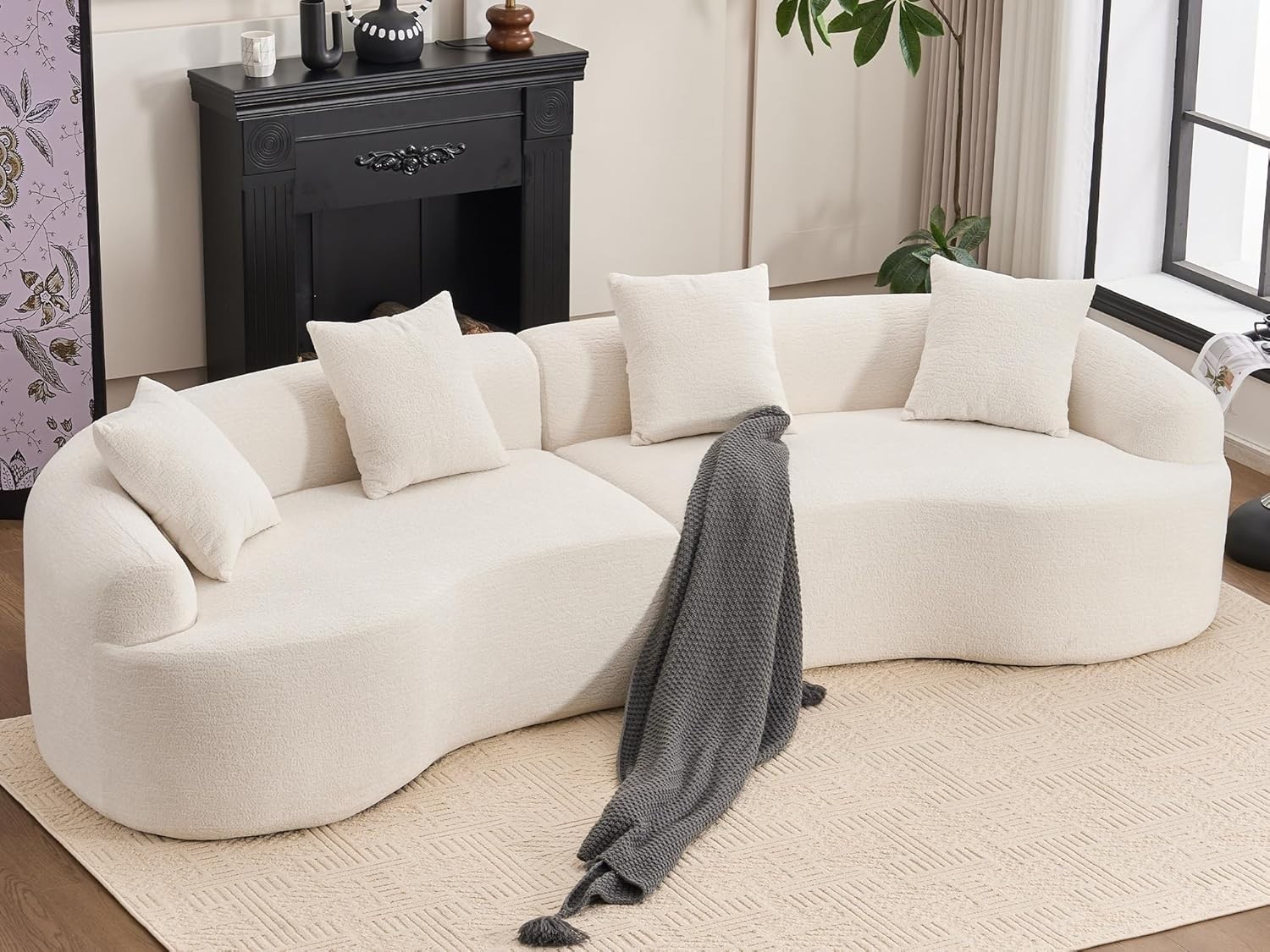 KEIKI Curved Chenille Modular Sectional Couches with Pillows, 4 Seater Oversized