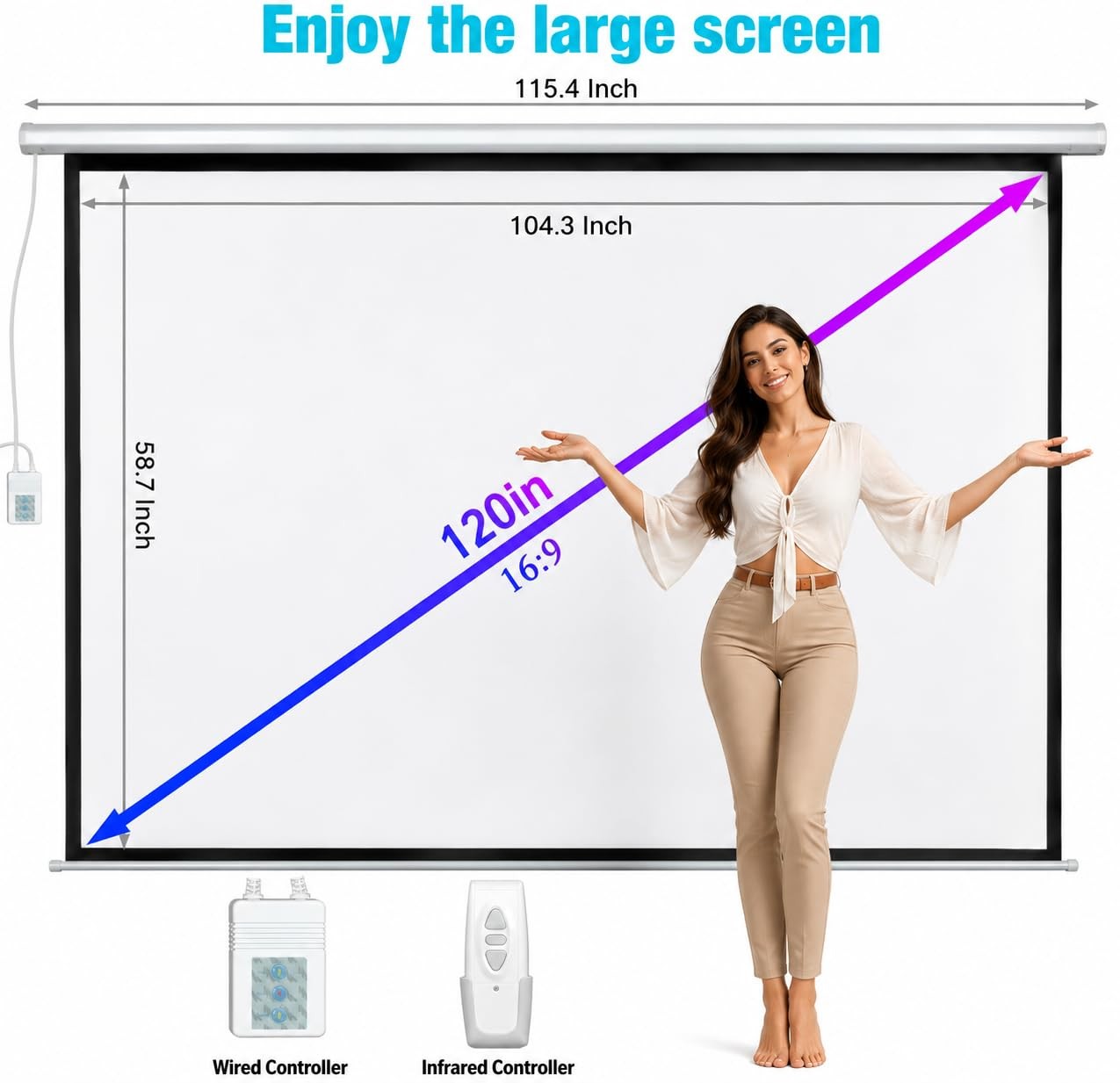 120" Motorized Projector Screen, Electric 16:9 Projector Screen with Remote C...