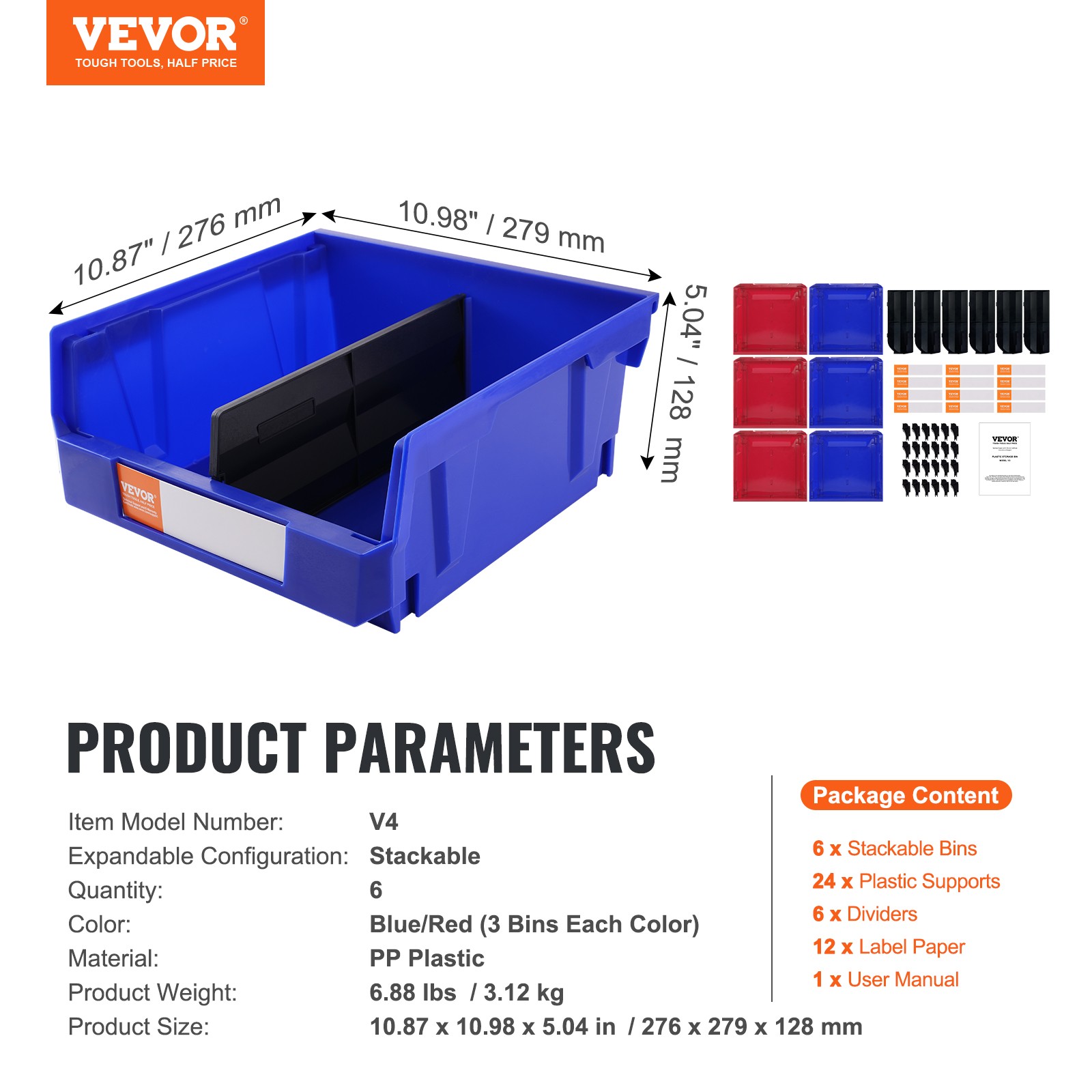 VEVOR Hanging Stackable Storage Bin Plastic Organizer Garage Box 6 PCS Blue/Red