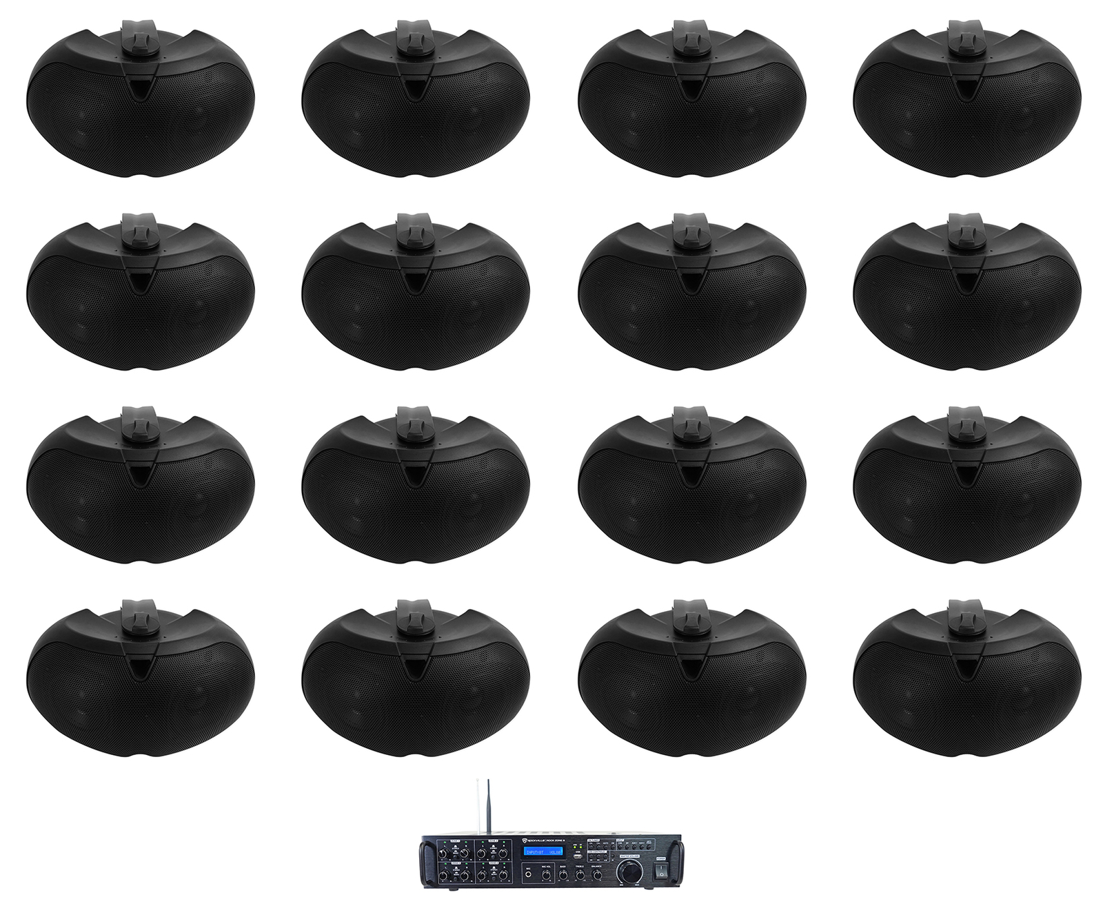 Rockville Rock Zone 8 Channel Multi Room Home Receiver+(16) Black Patio Speakers