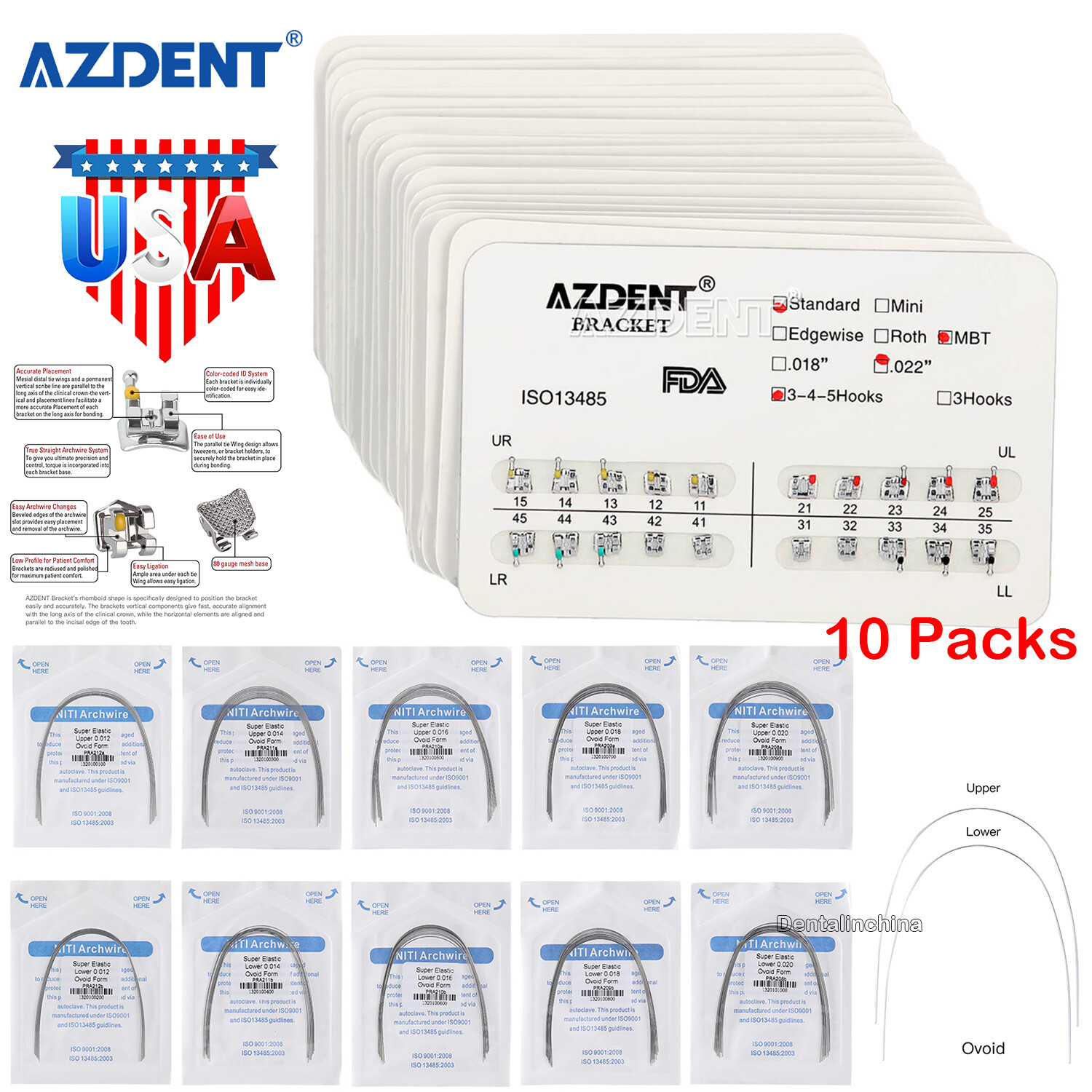 10 X Dental Orthodontic Bracket Braces /10X Supper Elastic Niti Round Arch Wires