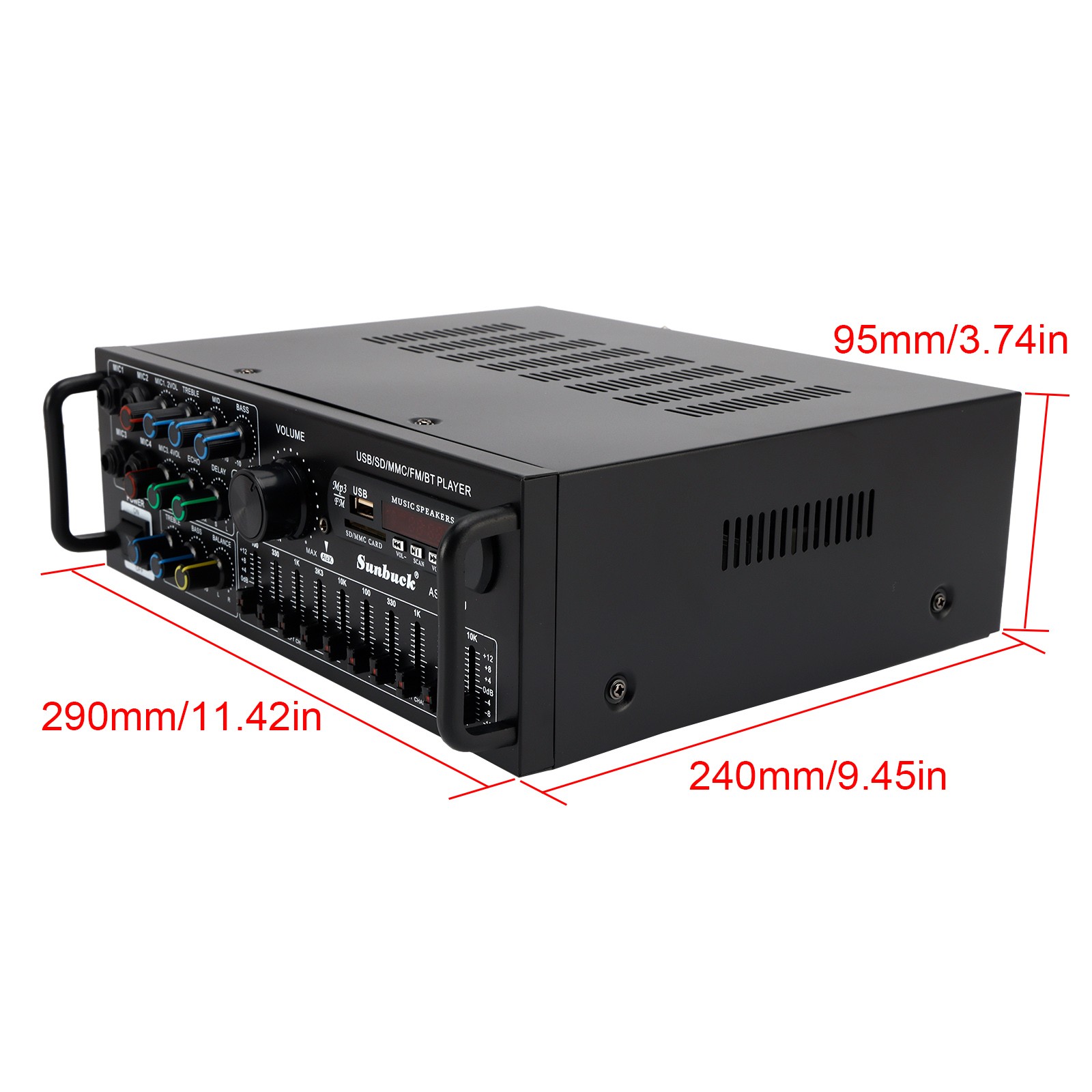SUNBUCK 400W RMS 2000W Peak Stereo Amp BT 5.0 USB/SD FM Mic Inputs Home Car
