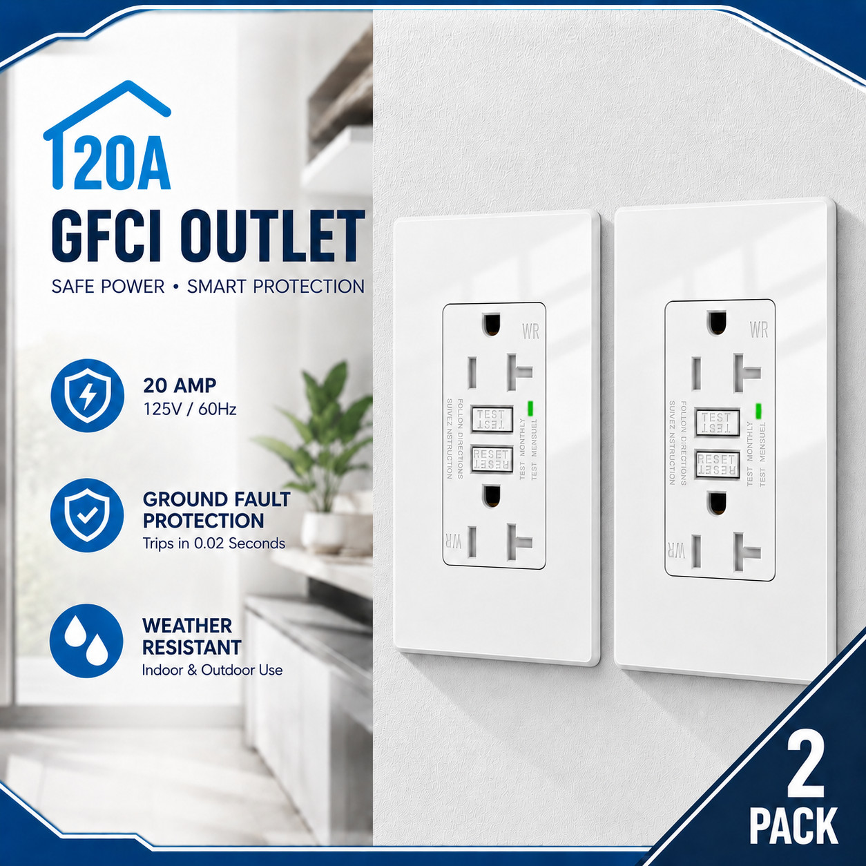 20 Amp GFCI Outlet Weather Resistant TR ETL Residential/Commercial Grade 2PK