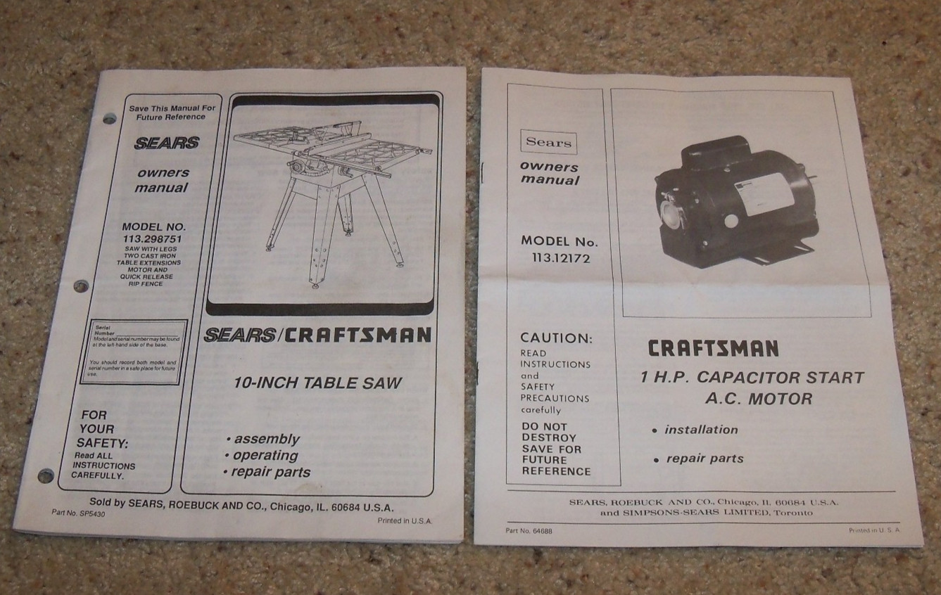 Craftsman 113 Table Saw Owner's Operator's Manual 113.298751, 113.12172 Motor