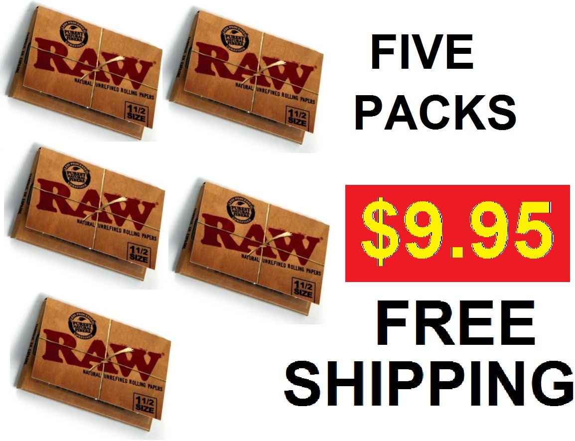 LOT OF FIVE PACKS of 1 1/2 SIZE RAW CLASSIC ALL NATURAL UNREFINED ROLLING PAPERS