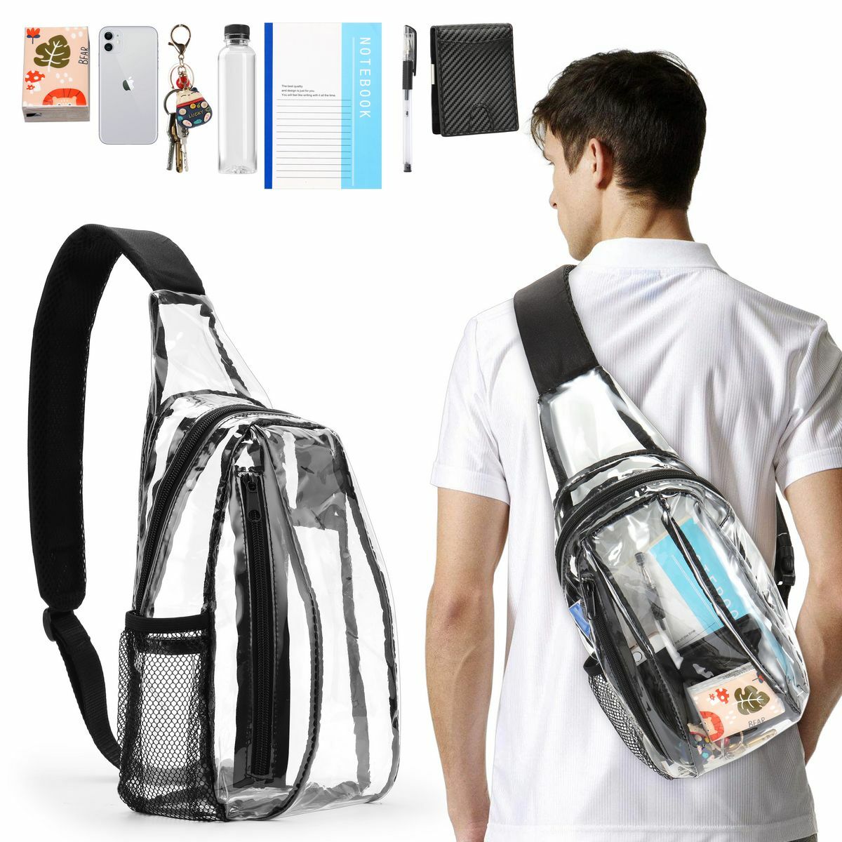 Clear PVC Sling Bag Transparent Stadium Shoulder Crossbody Backpack Adjustable