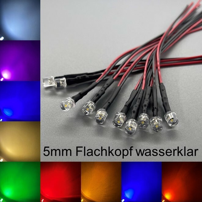 Wired 5mm LEDs Flat Head Water Clear All Colours 5mm LED Resistors +