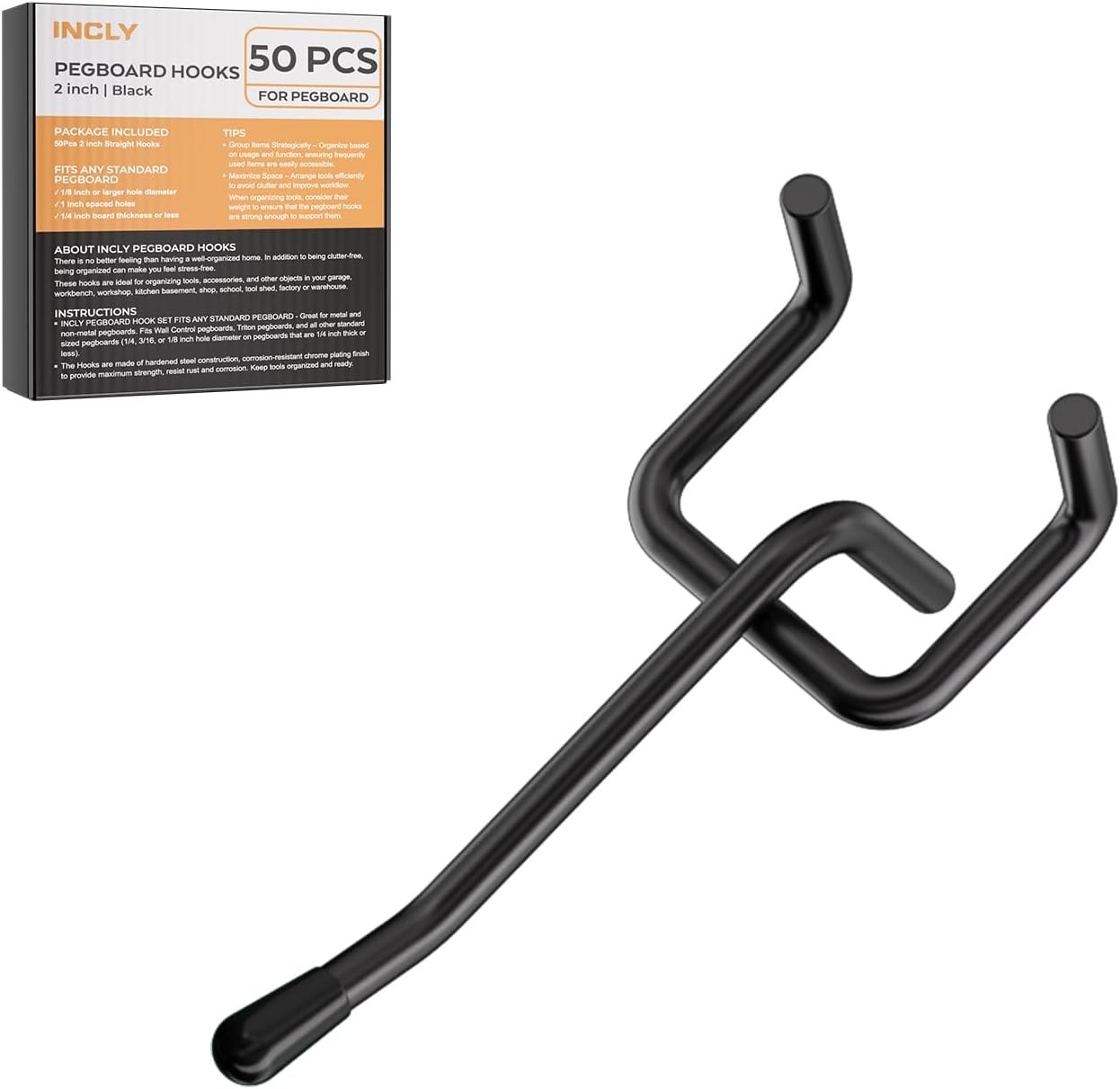50 Pack Black Pegboard Hooks, 2 Inch Metal Peg Board Hooks Accessories, Peg B...
