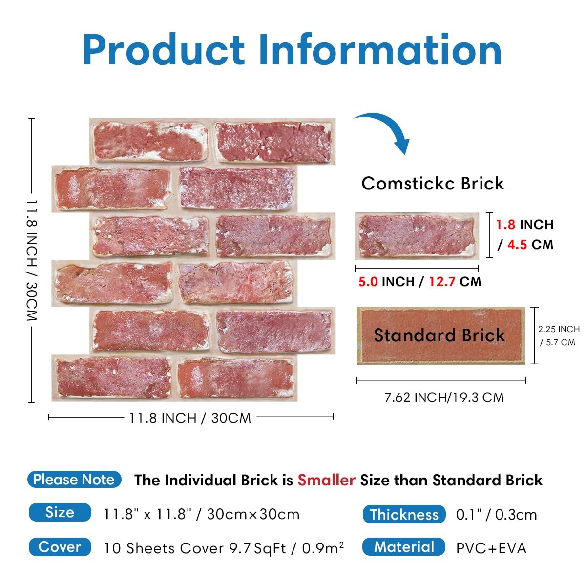 COMSTICKC 3D Red Brick Peel & Stick Wall Panel, 10-Pcs 11.8"x11.8" Tile