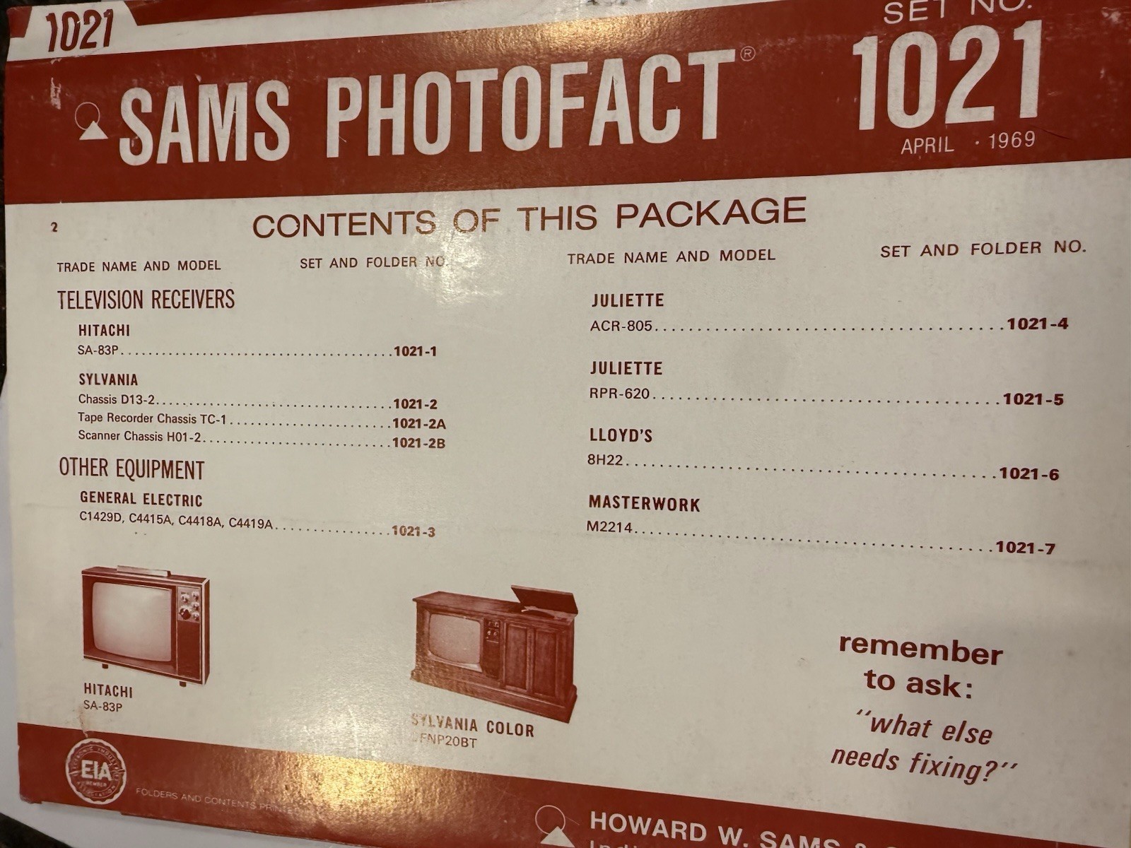 Sams Photofact Complete Folder Set 1021 April 1969 Hitachi Sylvania