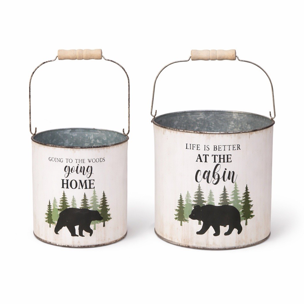 Metal Buckets 2 PC Set Home Garden Rustic Cabin Decor Bears Northern Woods