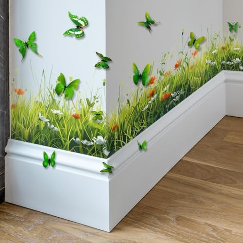 Green Plant Grass Wall Corner Decals Flowers with 3D Butterflies Base Board