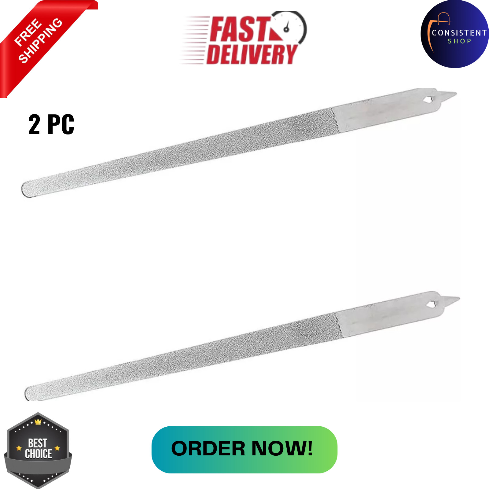2PC 8 Diamond Dust Nail File - Stainless Steel Nail Dresser - 9 Inch