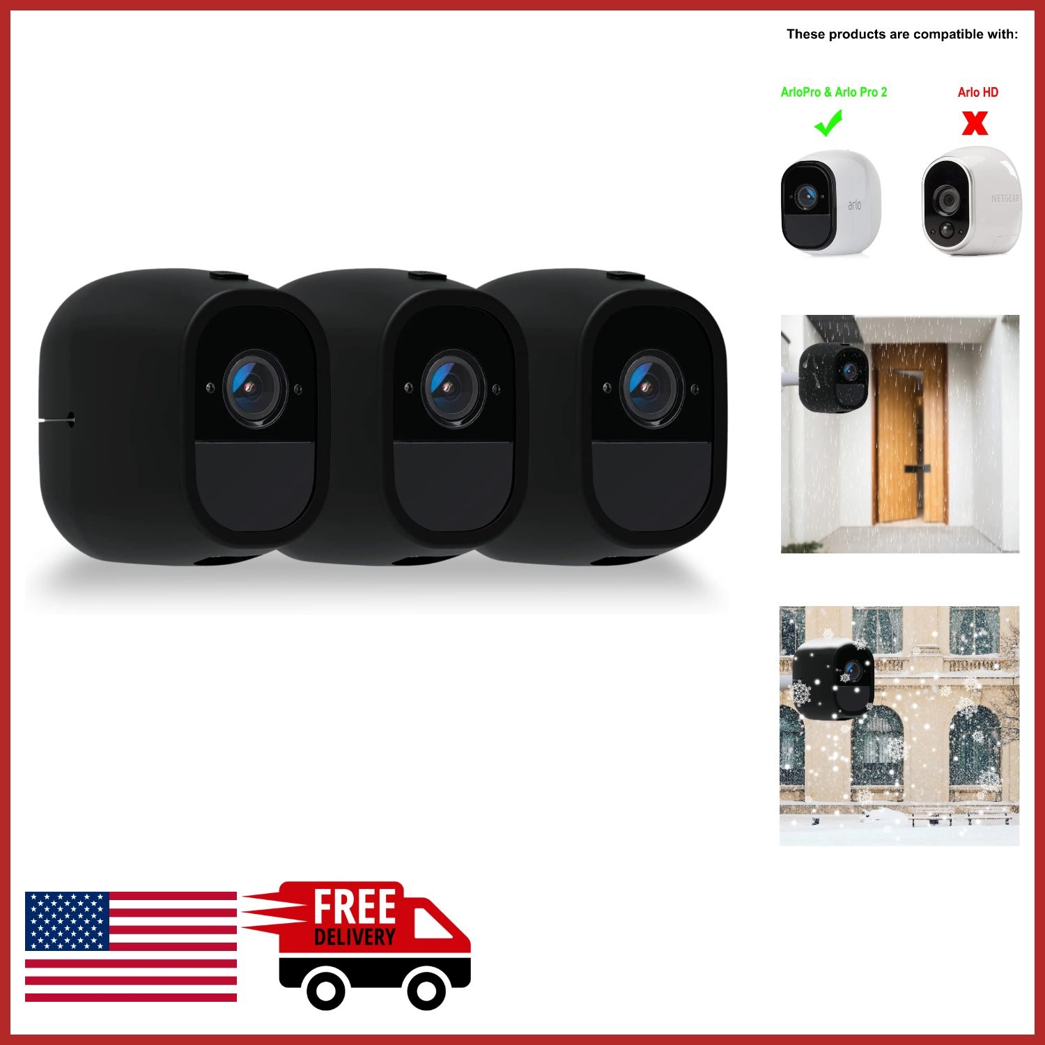 Black Silicone Skins for Arlo Pro/Pro 2 Cameras - 3 Count Waterproof Case