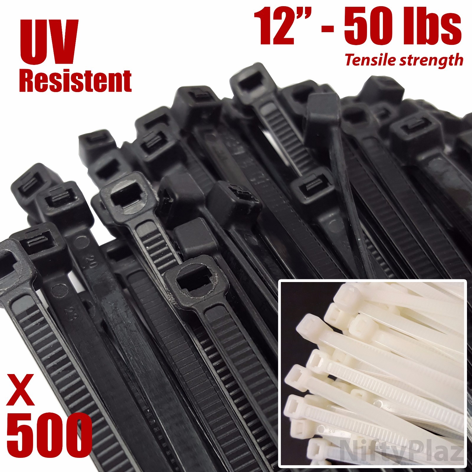 NiftyPlaza 12 Inch Cable Ties - UV Weather Resistant 50 LBS 500 Nylon Zip Ties