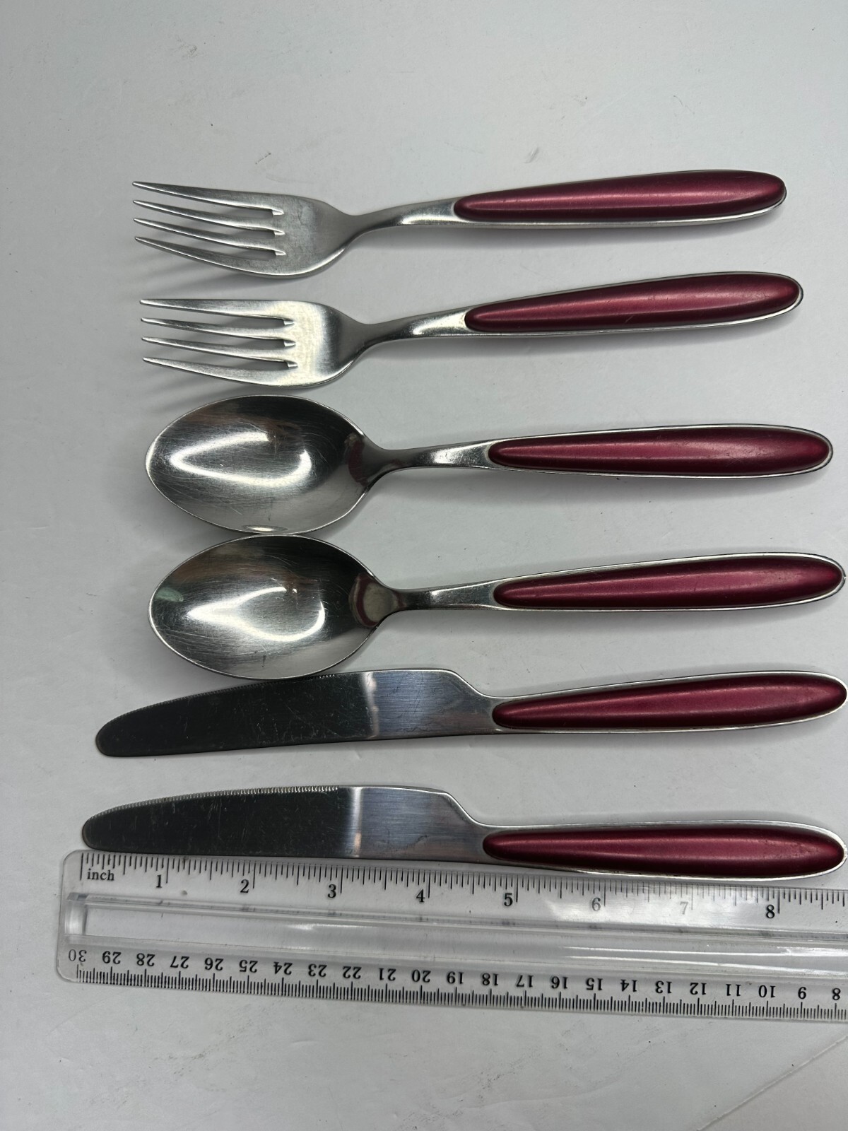 Red handle Stainless Flatware Replacement 6 Pc Pearlized Burgundy Resin