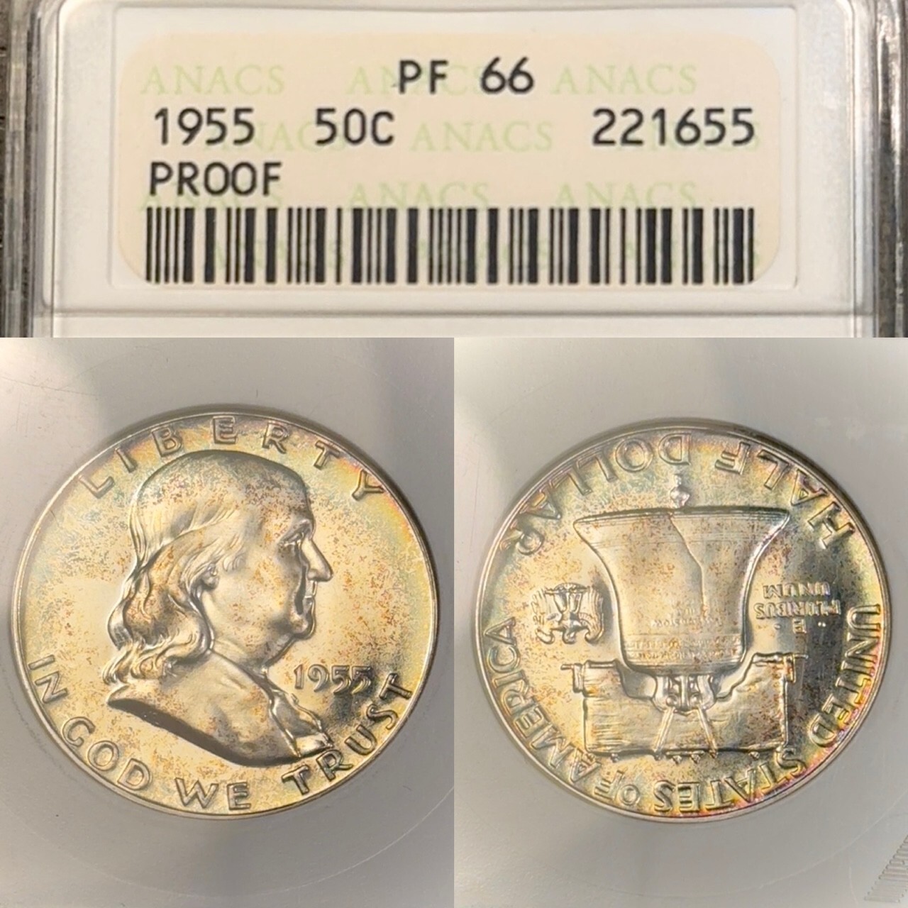 PF66 1955 50C Franklin Silver Half Dollar Proof, ANACS Soapbox- Rainbow Toned