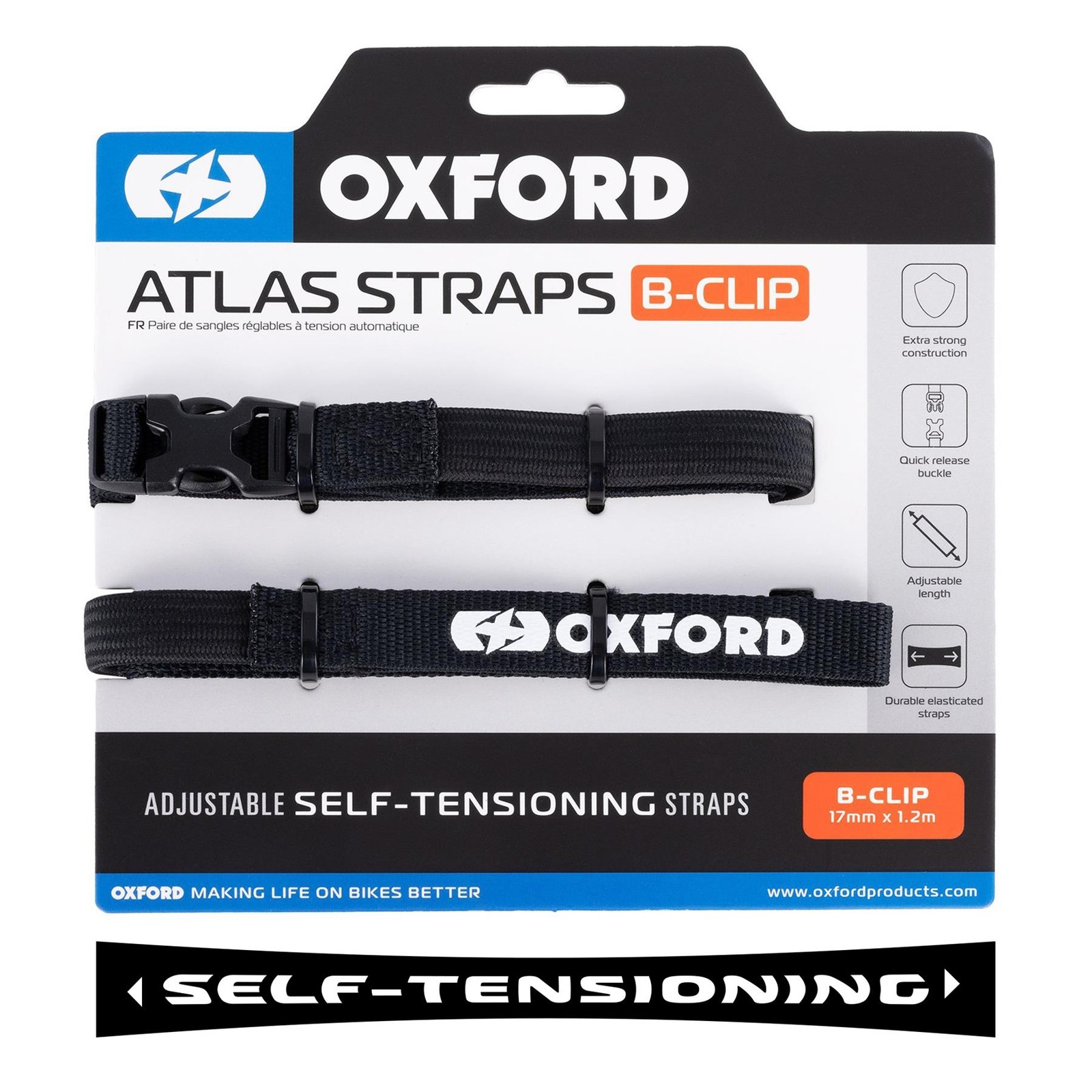 Oxford Atlas B-Clip 17mm x 1.2m (Pair) - Black Motorcycle Tie Down Straps