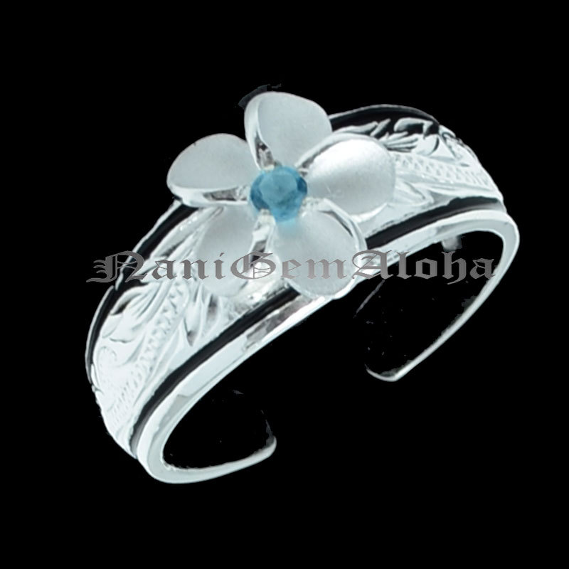Hawaiian 925 Sterling Silver 2 black line & 8mm Plumeria Scroll Toe Ring Blue CZ
