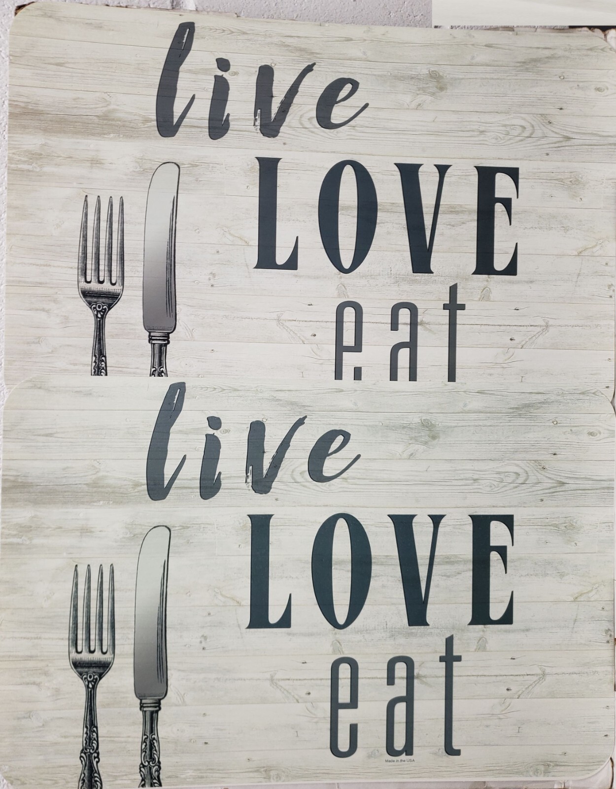 Set of 2 NON CLEAR HARD PLASTIC PLACEMATS 18"x12",LIVE LOVE EAT, FORK & KNIFE,GR