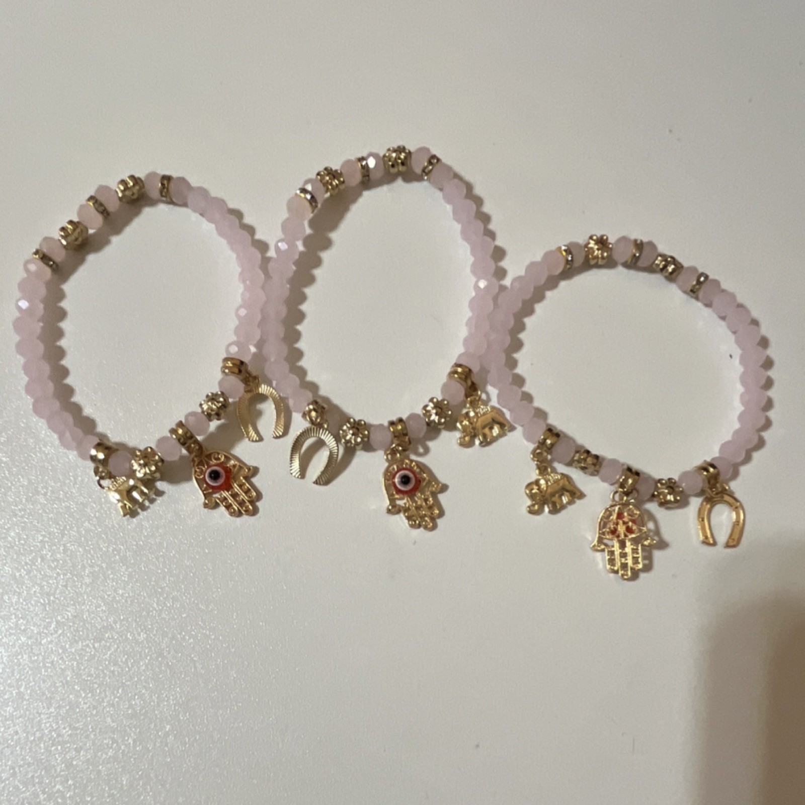Pink and Gold Beaded Charm Bracelets Set of 3 with Spiritual Dangle Charms