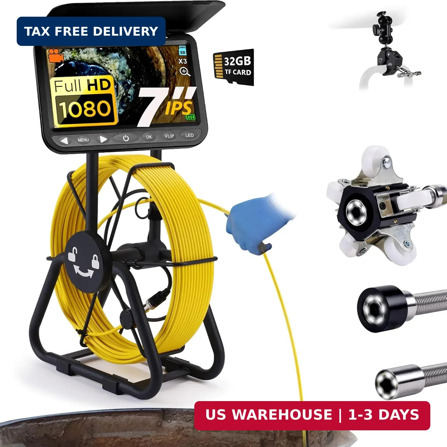 𝟐𝟎𝟐𝟓 𝐍𝐞𝐰 7" Sewer Camera, HD 1080P w/DVR-32GB, [New 1s Twist-to-Unlock Sy