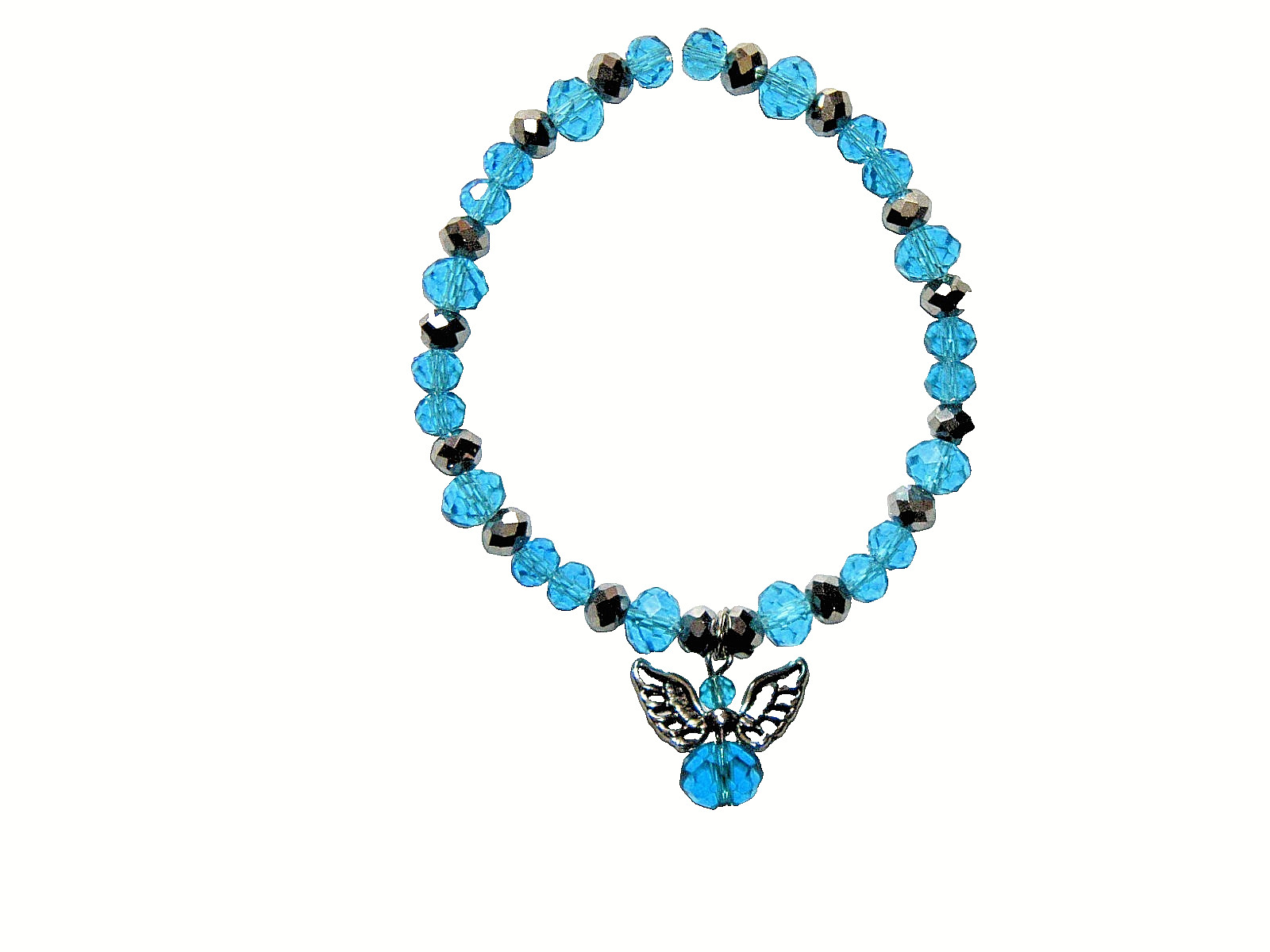 ANGEL (AQUA) CHARM BEADED BRACELET (7 3/4"):  HAND-MADE JEWELRY BY T.L.C.