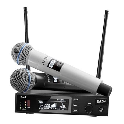 Wireless Two Microphone System with UHF Dual-Channel Receiver, Metal Handheld