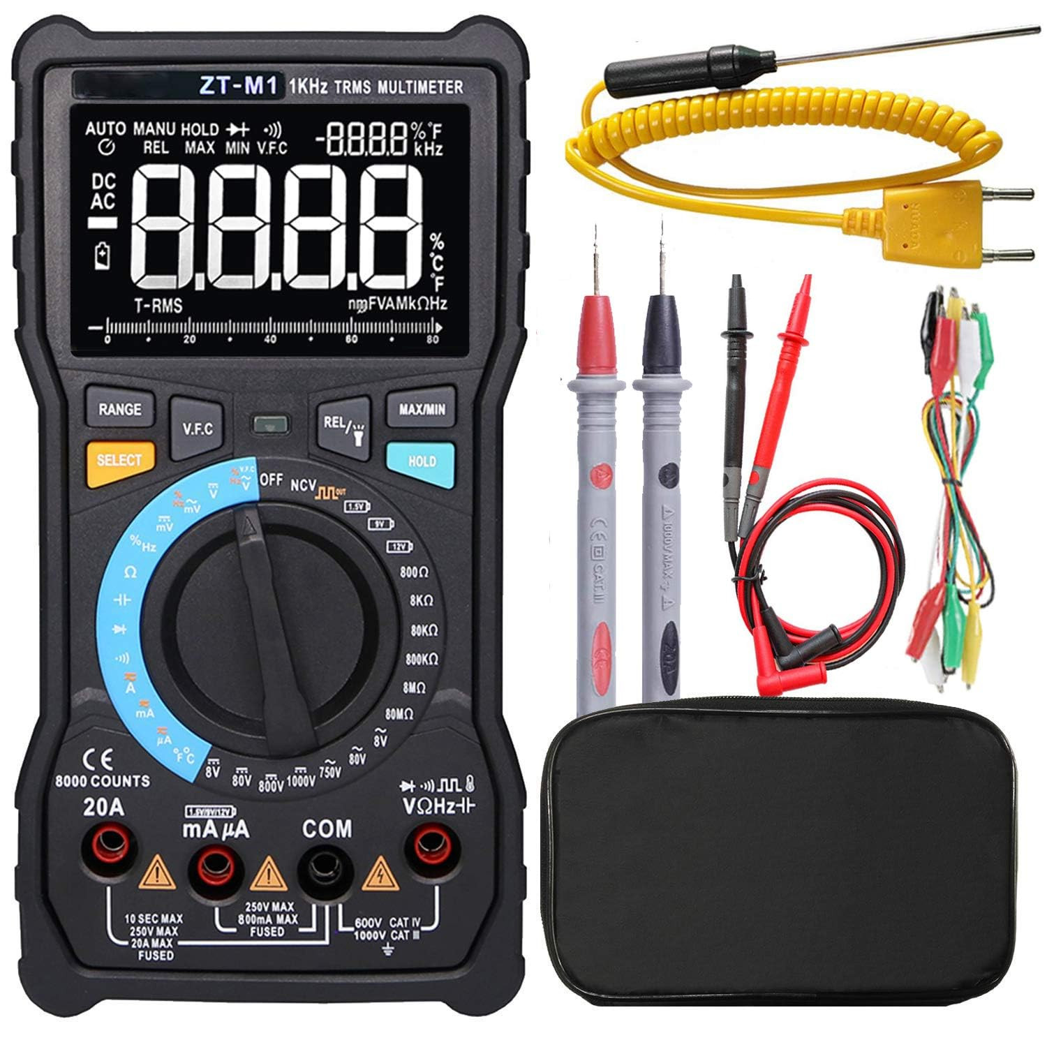 Auto Ranging Digital Multimeter TRMS 6000 with Battery Alligator Clips Test Lead