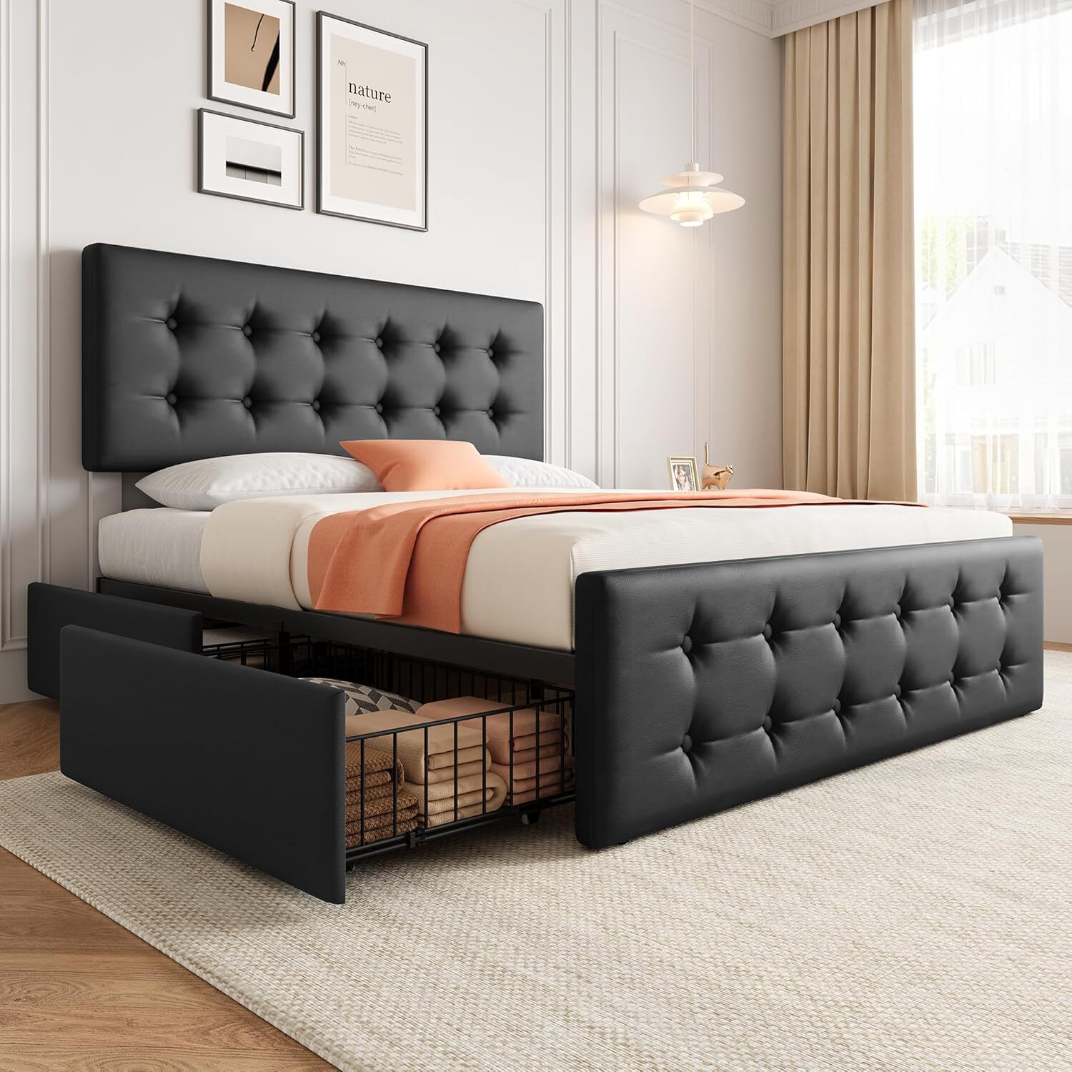 Full Size Bed Frame Upholstered Platform Bed Frame w/Storage Drawers & Headboard