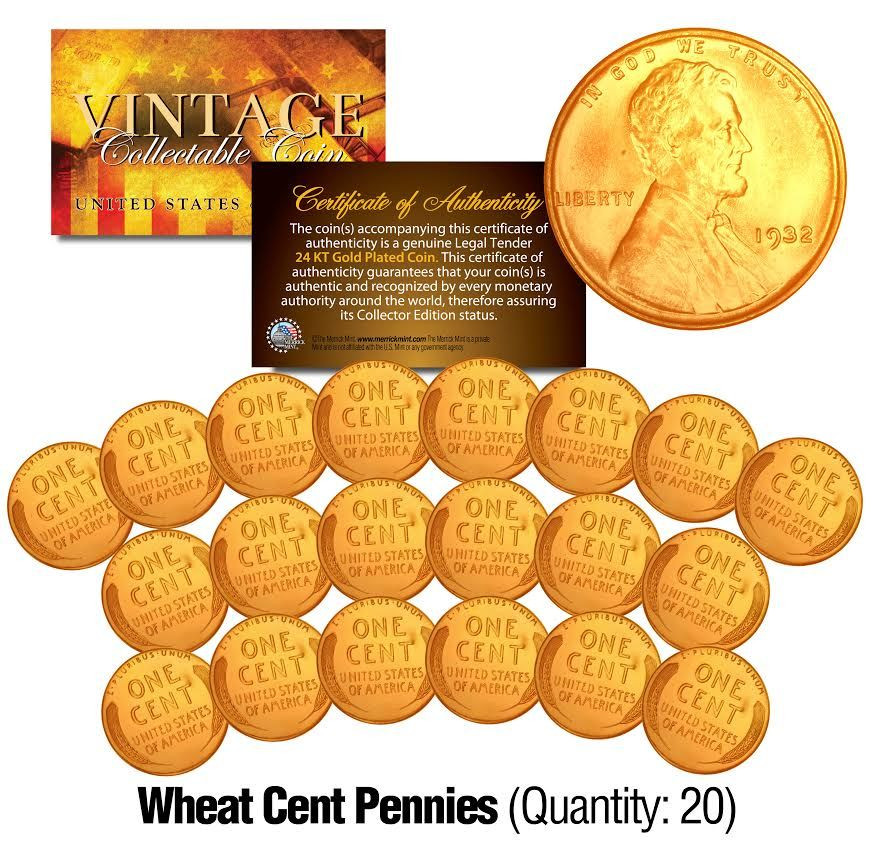 Lincoln Head 1930's WHEAT Cent Penny US Coins 24K GOLD PLATED (** Lot of 20 **)