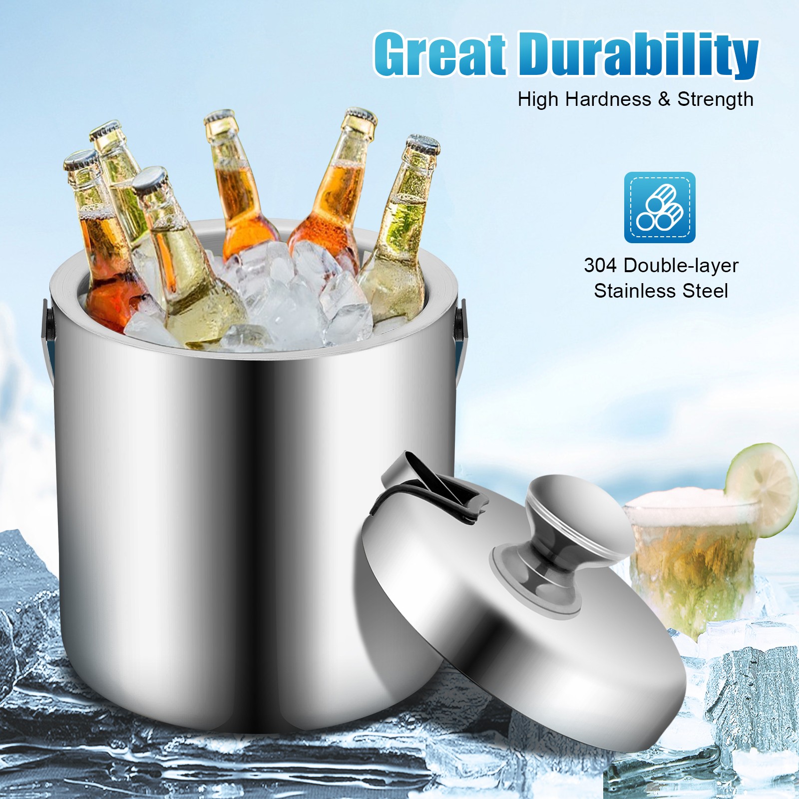 Double-Wall Stainless-Steel Insulated Ice Bucket With Lid and Ice Tong 1300ML