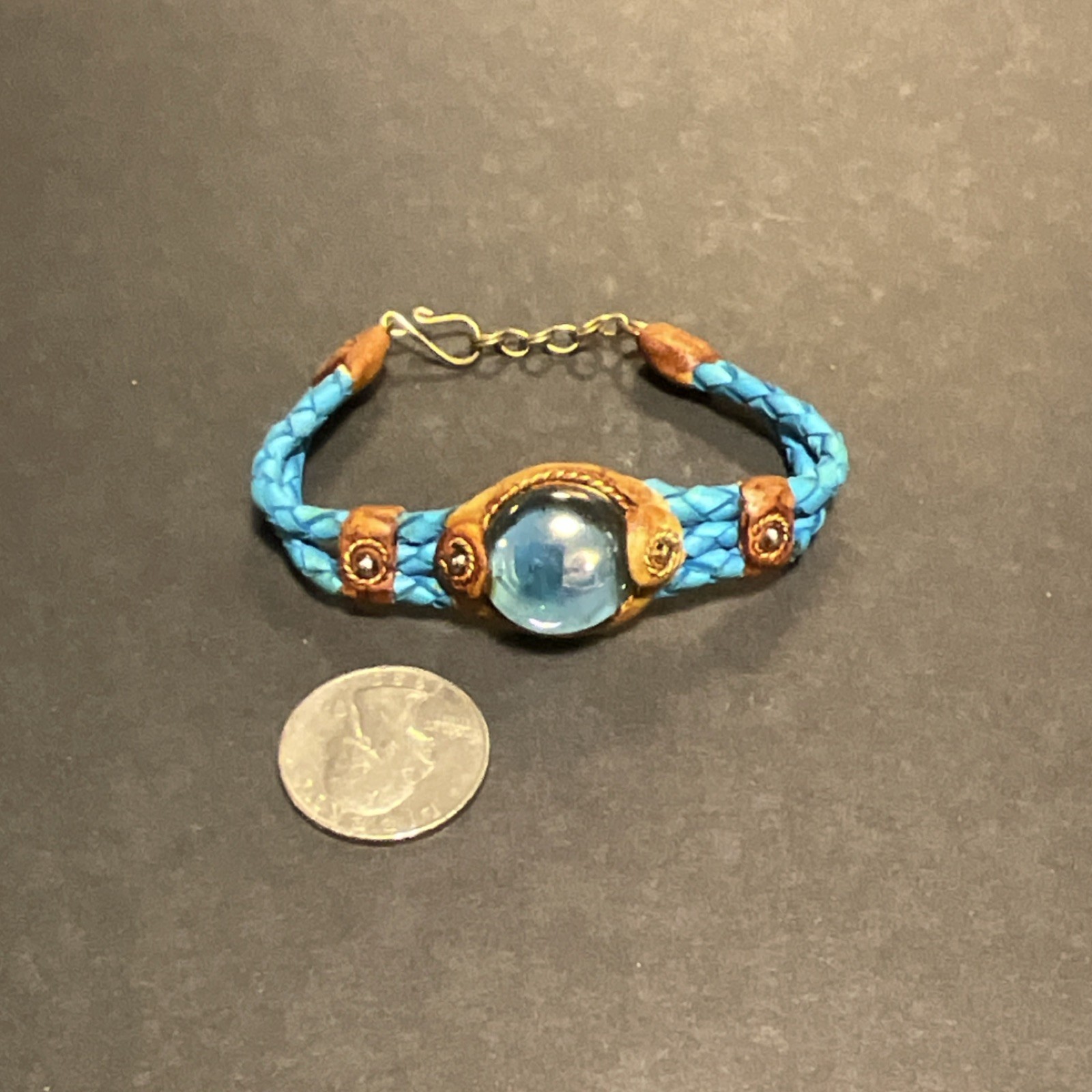Blue Braided Leather Bracelet with Round Stone, Adjustable Hook Closure