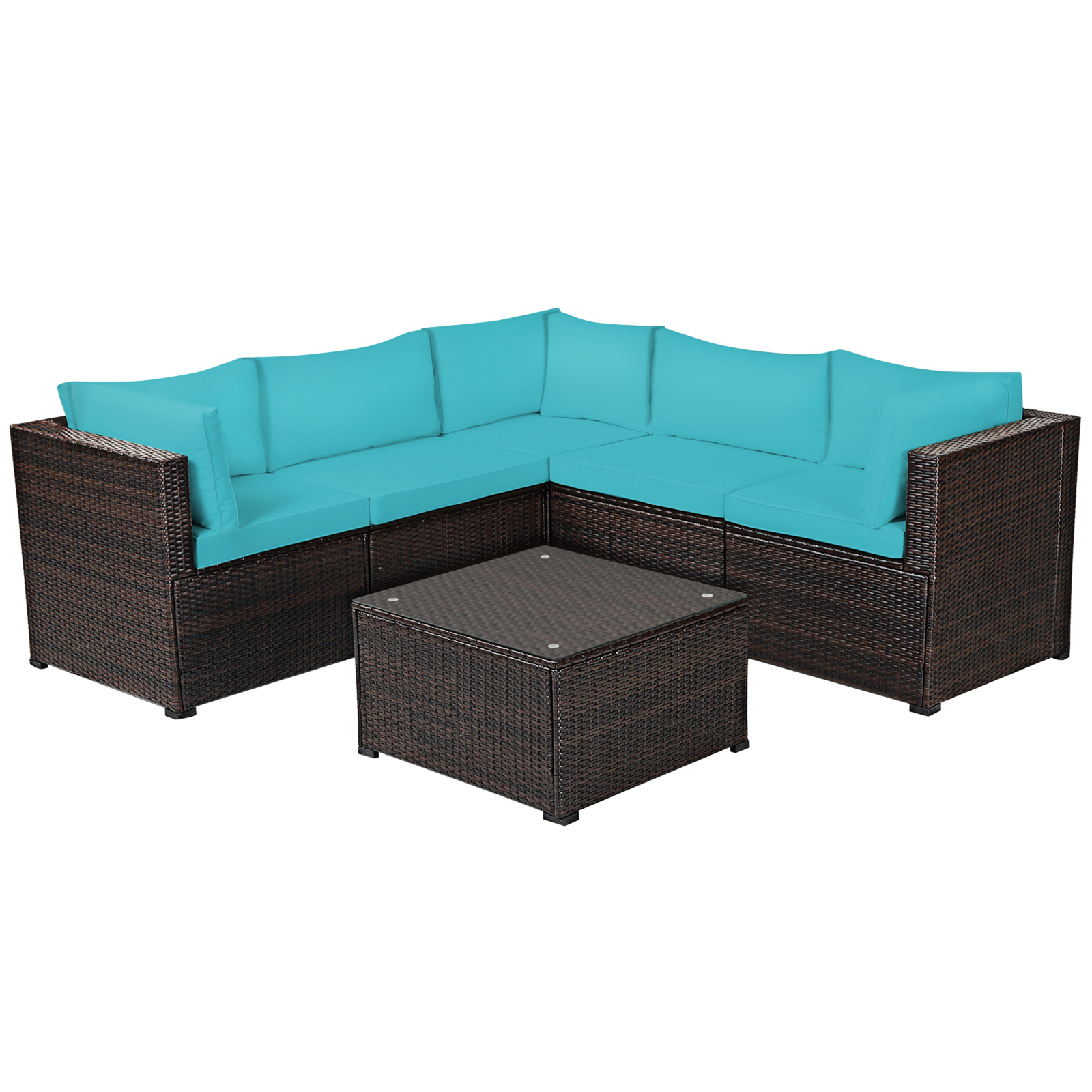 6PCS Rattan Patio Sectional Sofa Conversation Set Outdoor w/ Turquoise Cushions